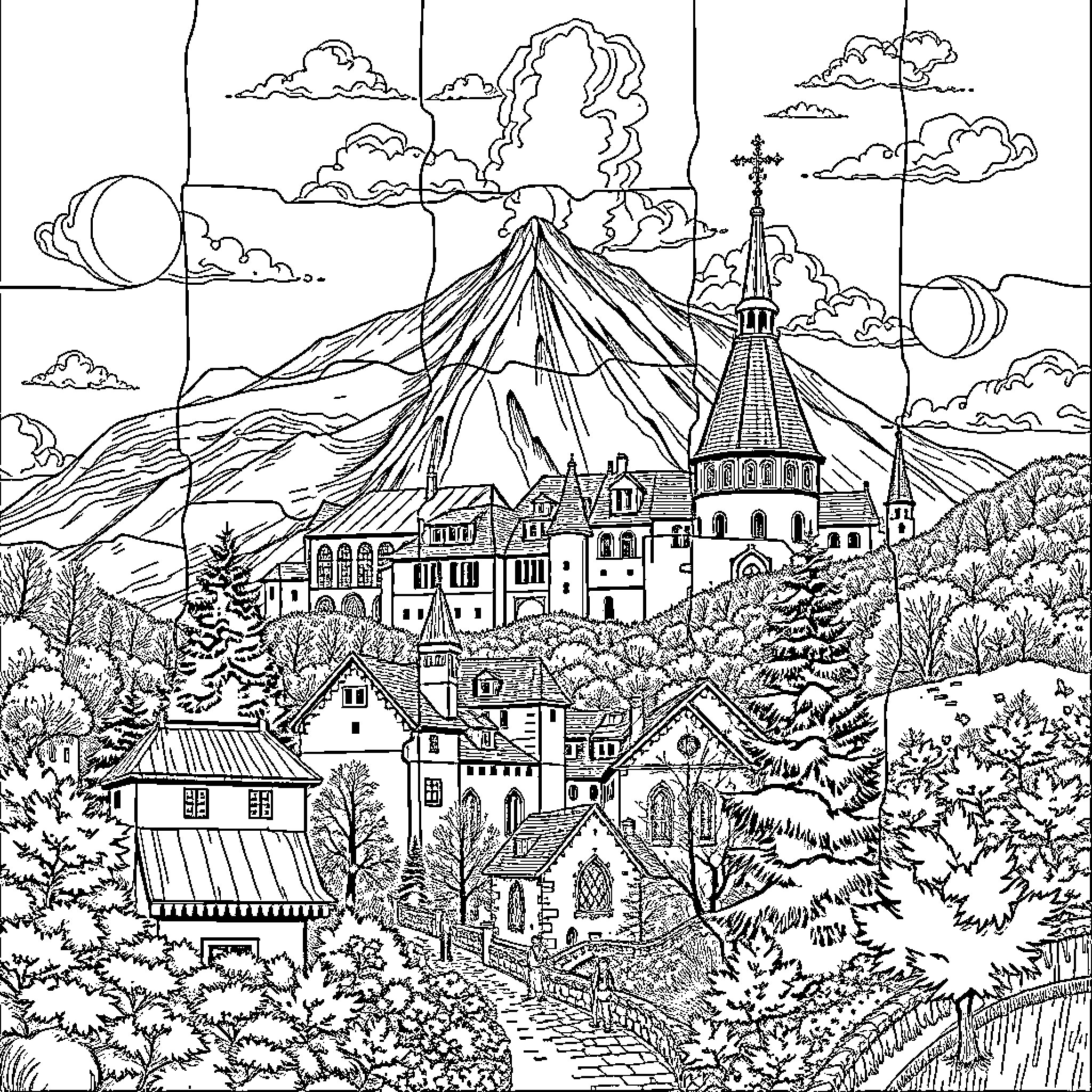Gernika: Whimsical Landscape with Towering Mountain and Quaint Village Coloring Page (free black-and-white line drawing printable PDF for all, from beginners to advanced learners, including children, teens, adults, and seniors)