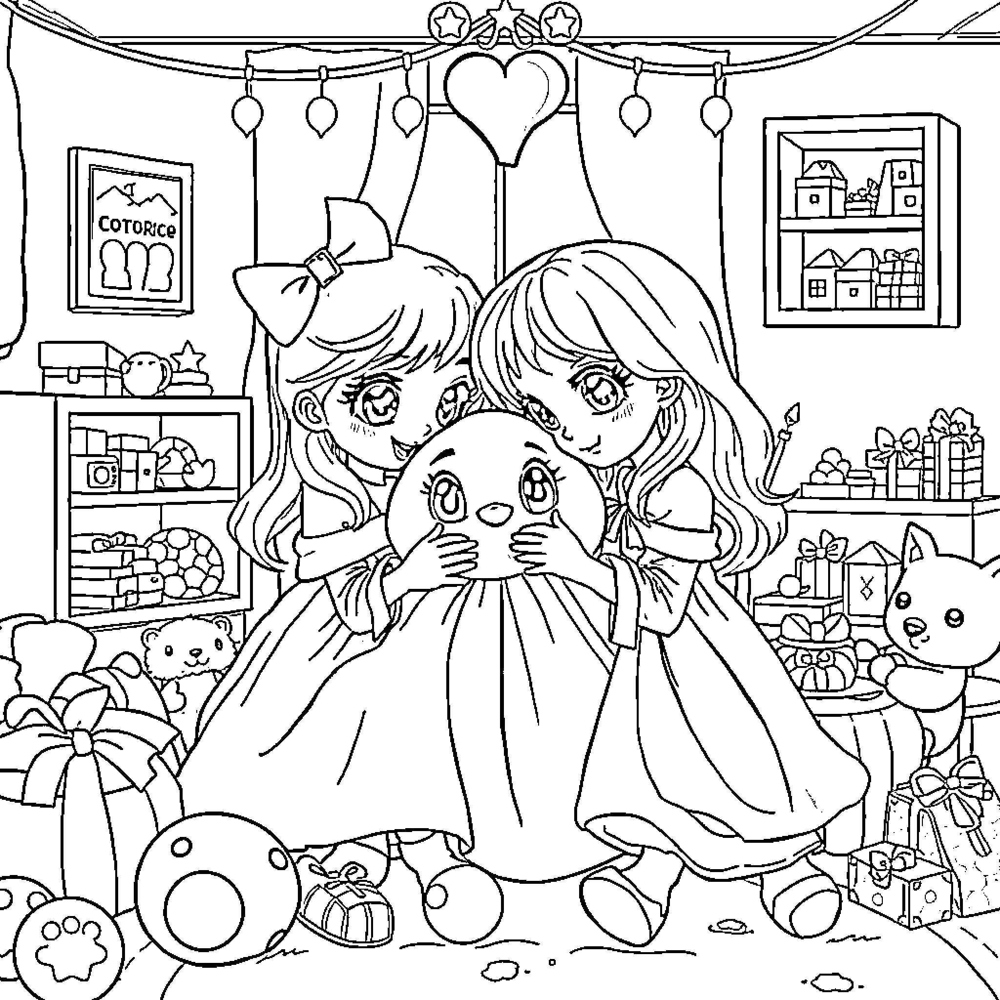 Sister Sisters Sharing a Tender Moment Coloring Page (free black-and-white line drawing printable PDF for all, from beginners to advanced learners, including children, teens, adults, and seniors)