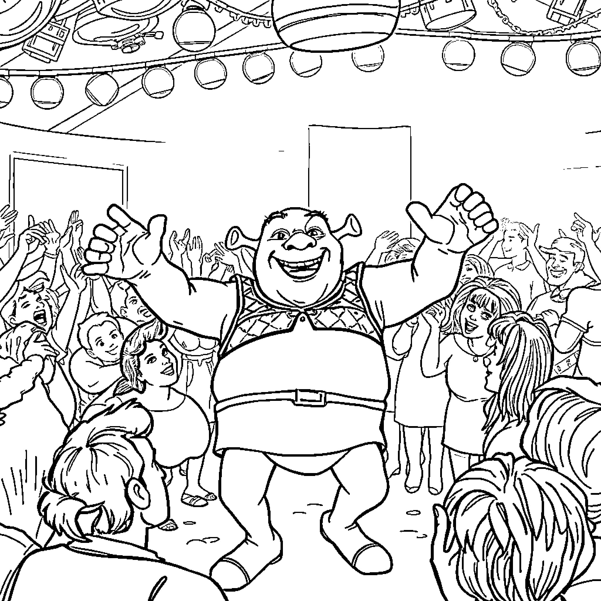 Shrek at a lively celebration with a crowd Coloring Page (free black-and-white line drawing printable PDF for all, from beginners to advanced learners, including children, teens, adults, and seniors)