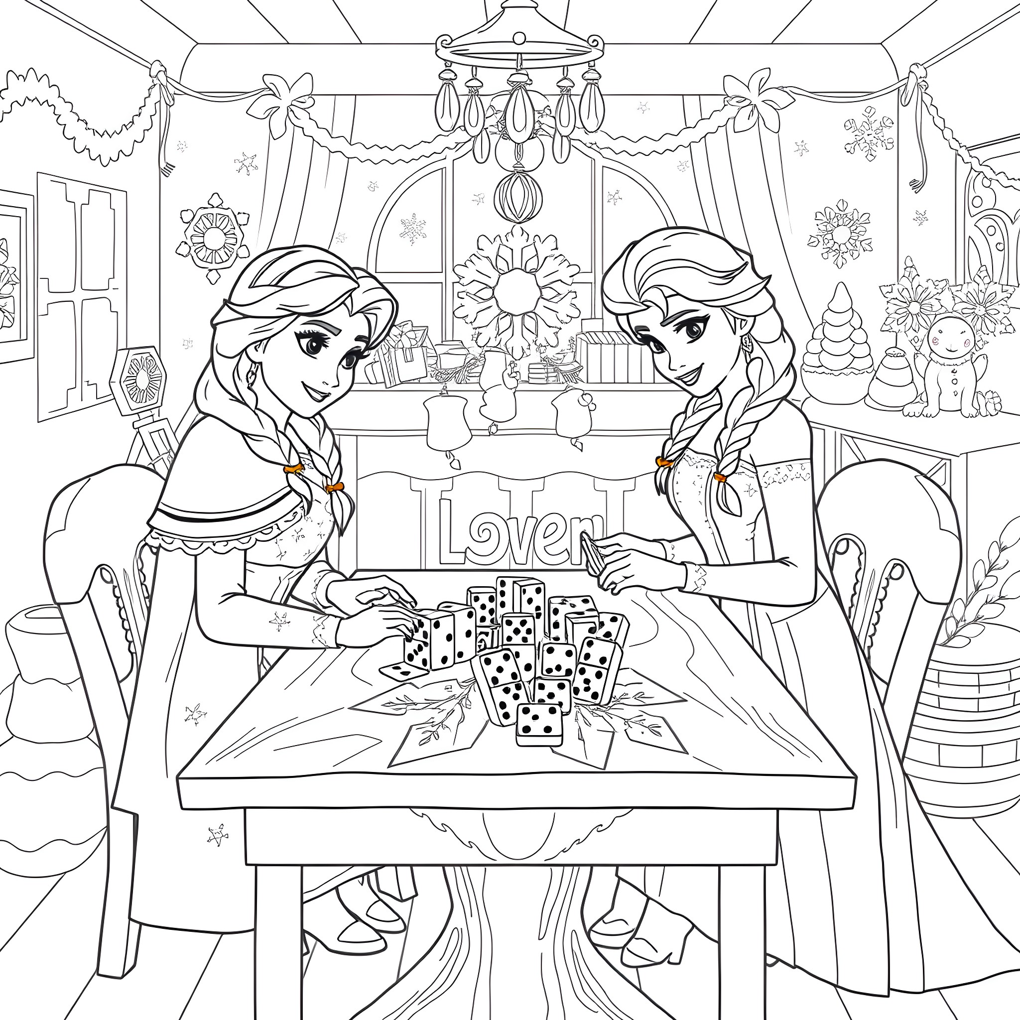 Anna and Elsa playing a winter-themed game together Coloring Page (free black-and-white line drawing printable PDF for all, from beginners to advanced learners, including children, teens, adults, and seniors)