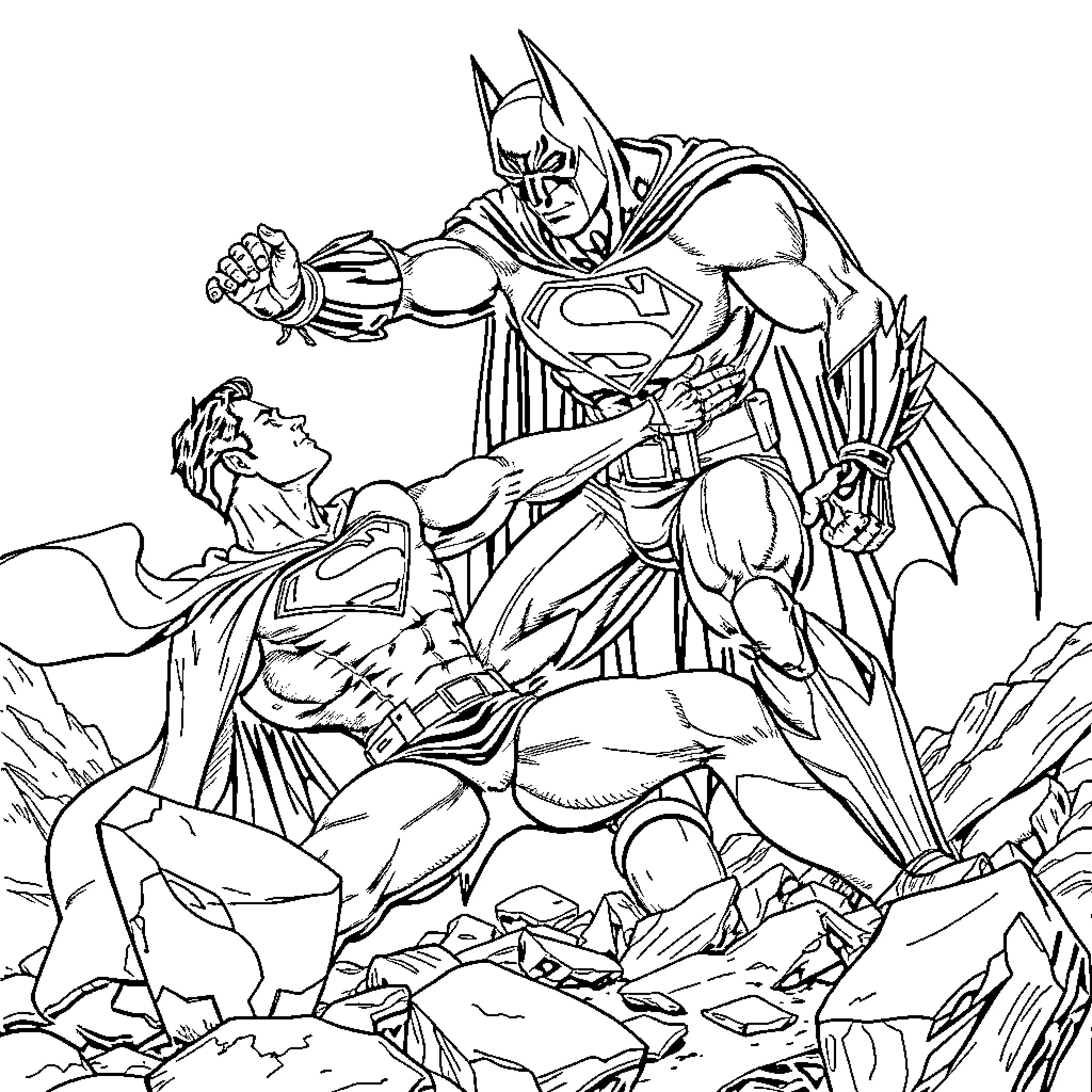 Batman defending city from criminal in wreckage Coloring Page (free black-and-white line drawing printable PDF for all, from beginners to advanced learners, including children, teens, adults, and seniors)