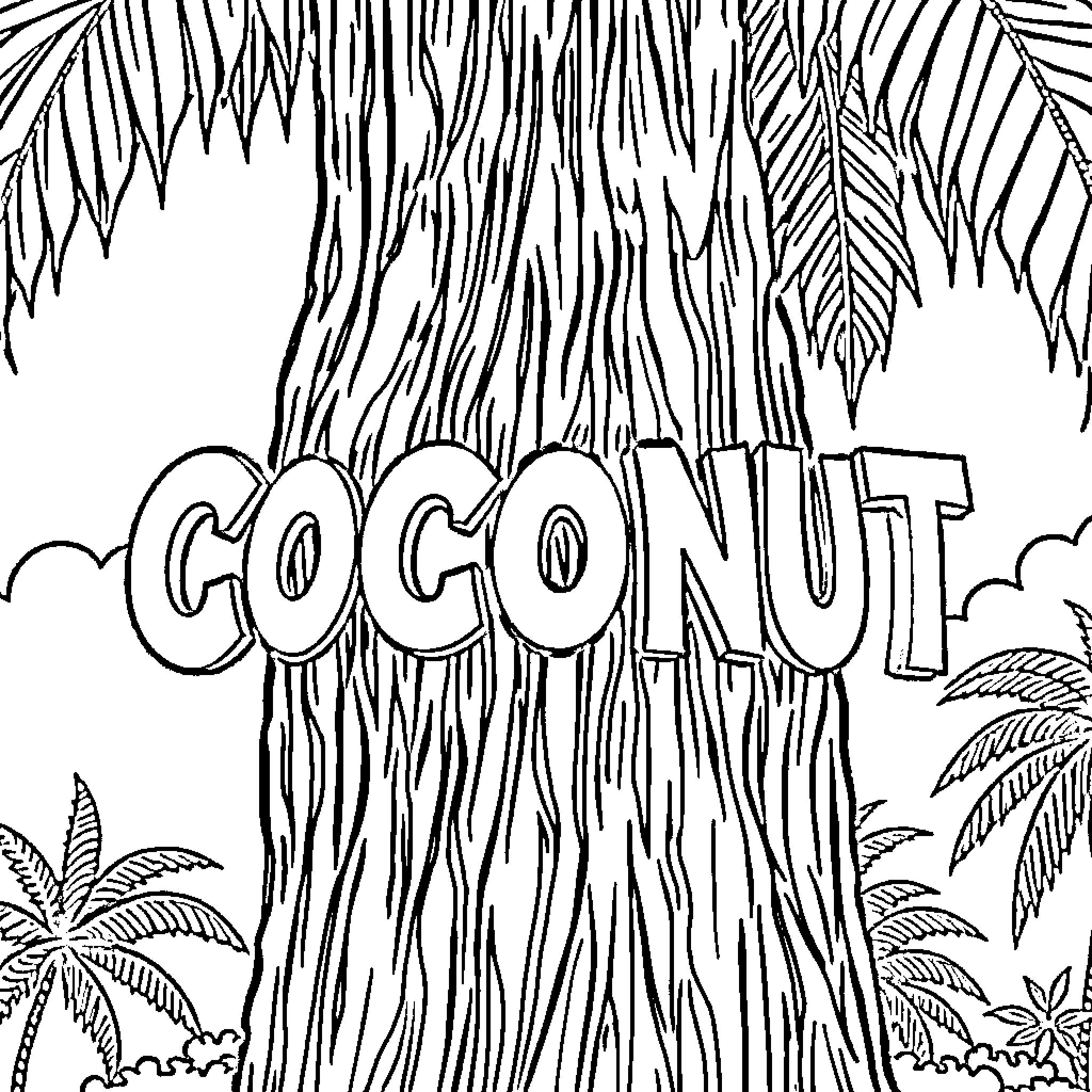 Coconut Tree with Tropical Foliage Coloring Page (free black-and-white line drawing printable PDF for all, from beginners to advanced learners, including children, teens, adults, and seniors)