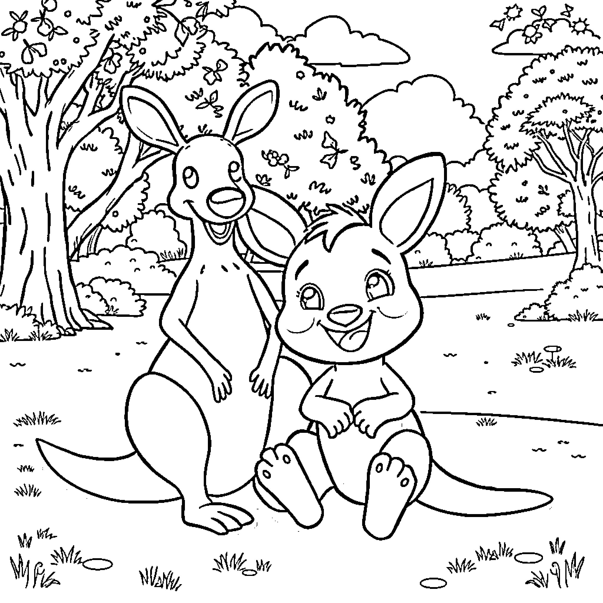 Bluey and Friends Enjoying Outdoor Adventure Coloring Page (free black-and-white line drawing printable PDF for all, from beginners to advanced learners, including children, teens, adults, and seniors)