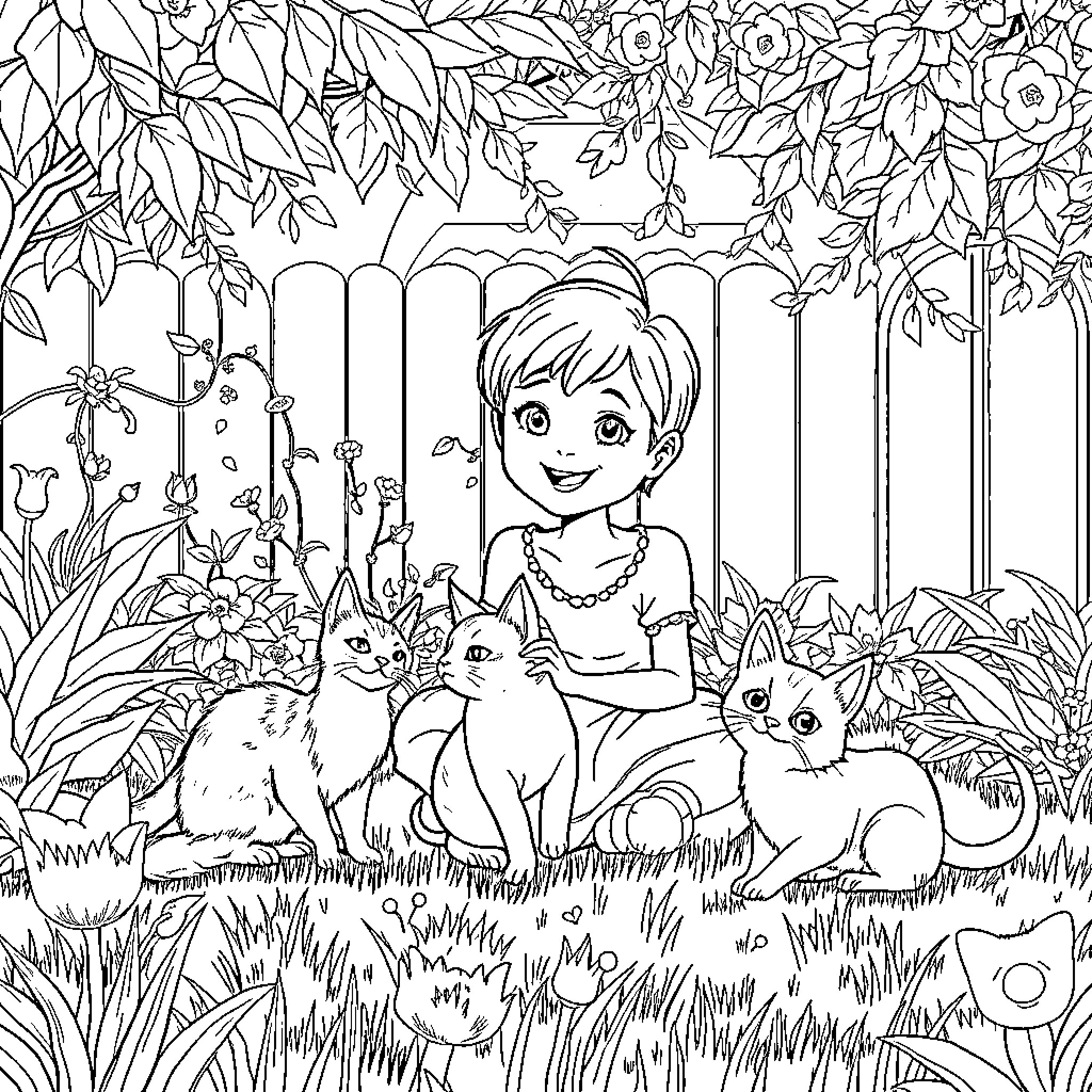Girl Playing with Cute Animals in Garden Coloring Page (free black-and-white line drawing printable PDF for all, from beginners to advanced learners, including children, teens, adults, and seniors)