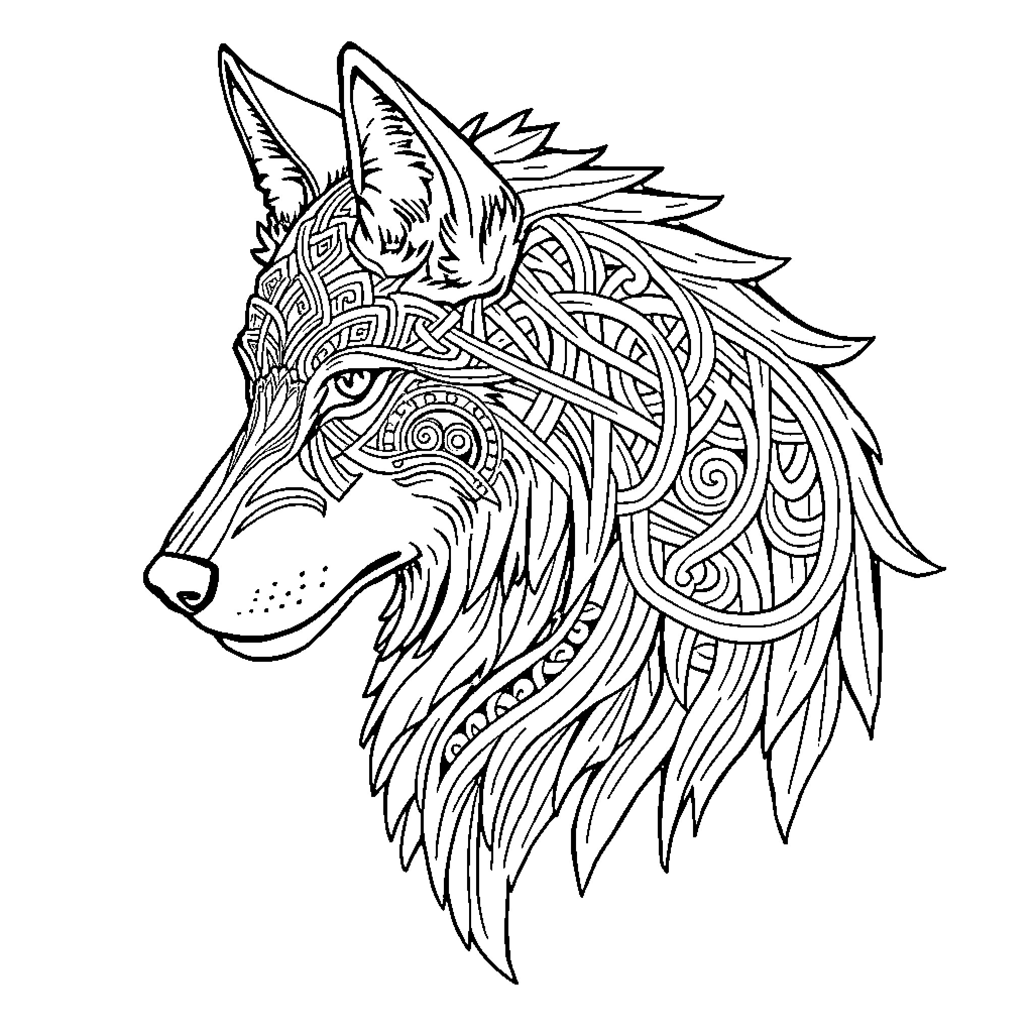 Wolf with intricate patterned fur Coloring Page (free black-and-white line drawing printable PDF for all, from beginners to advanced learners, including children, teens, adults, and seniors)