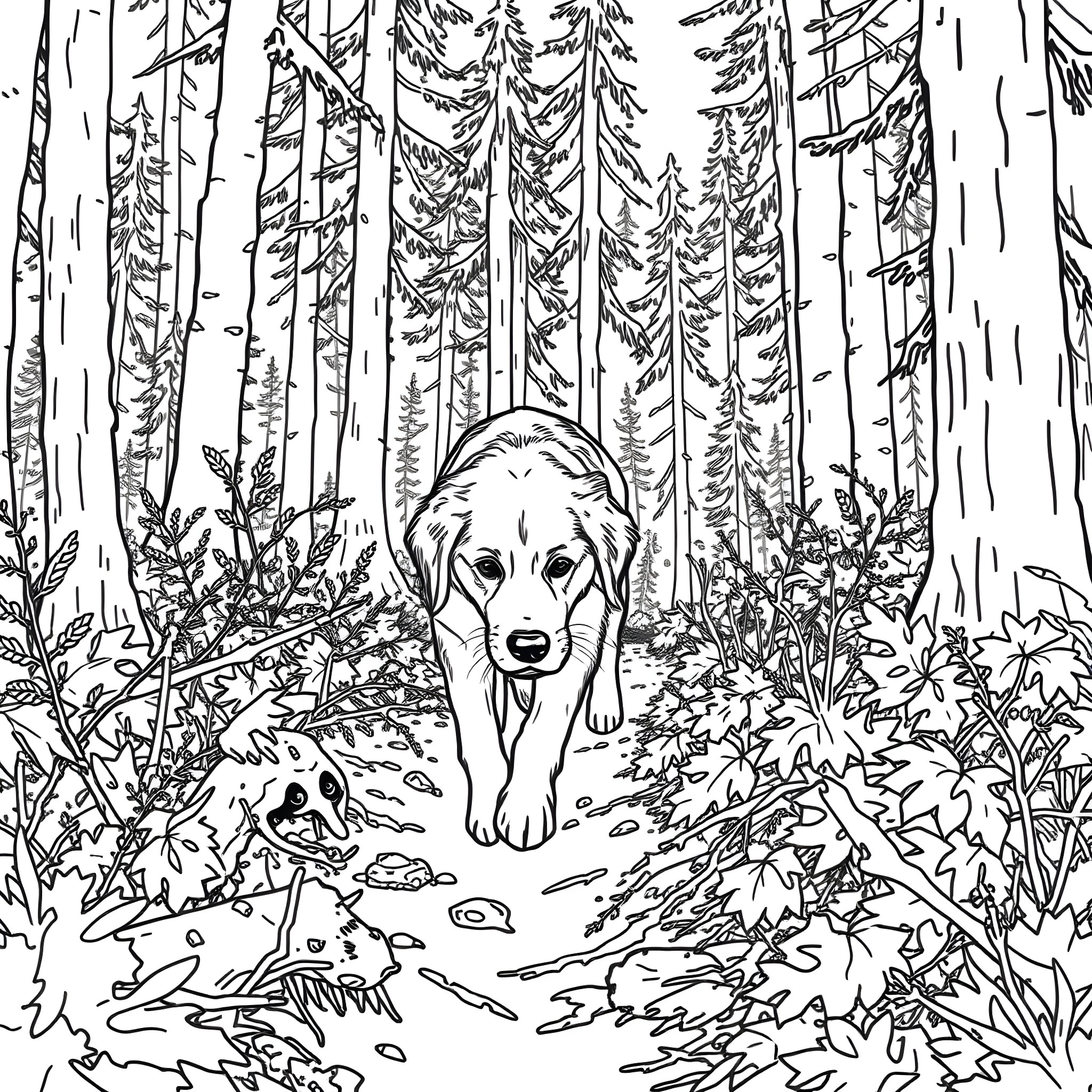 Golden Retriever exploring the forest Coloring Page (free black-and-white line drawing printable PDF for all, from beginners to advanced learners, including children, teens, adults, and seniors)