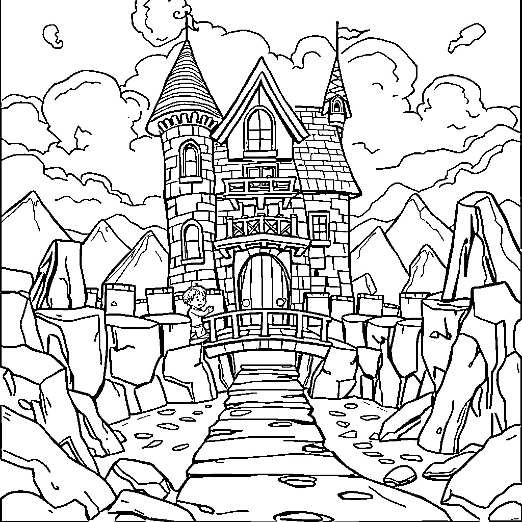 Kids exploring a magical castle in the mountains Coloring Page (free black-and-white line drawing printable PDF for all, from beginners to advanced learners, including children, teens, adults, and seniors)