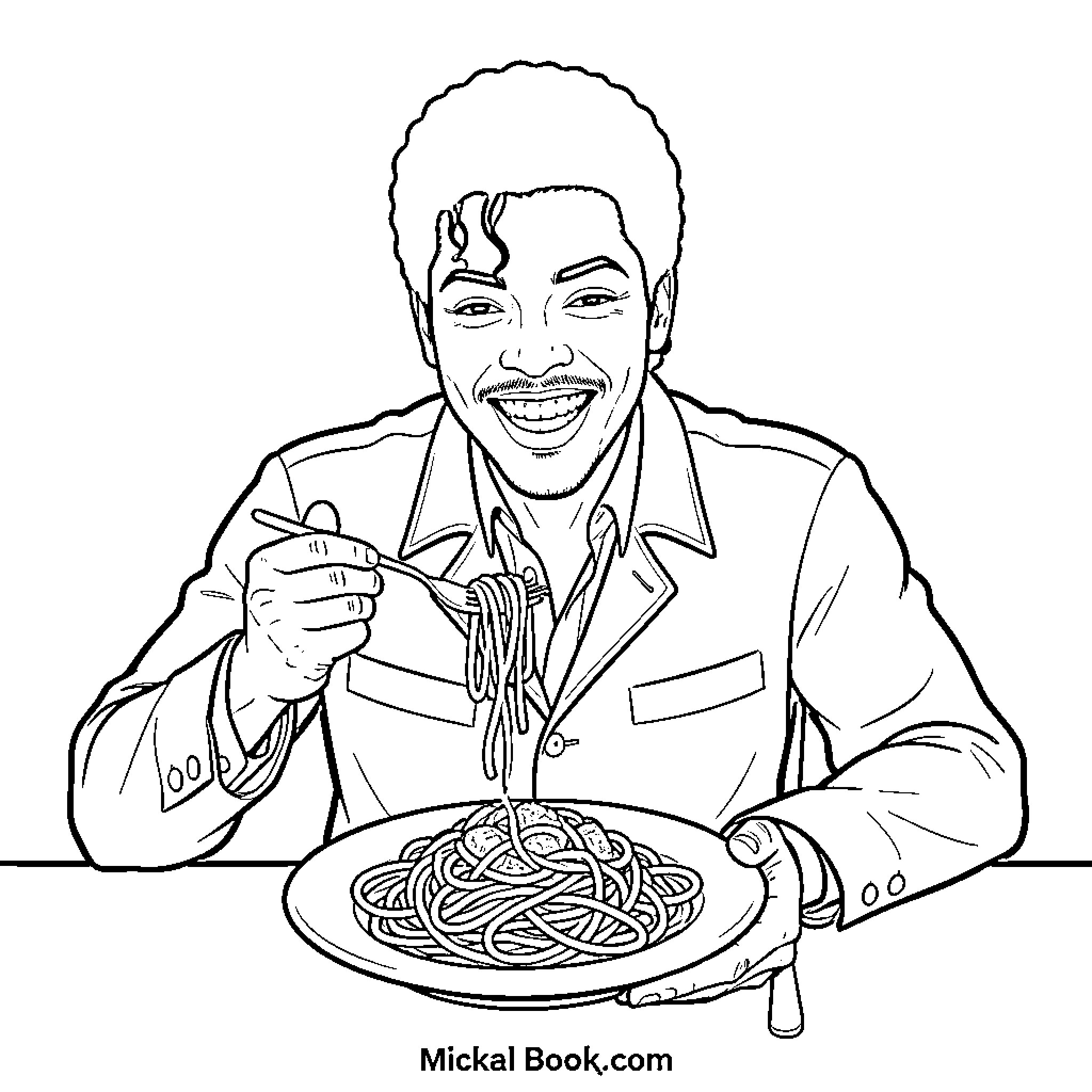 Michael Jackson smiling while eating a plate of spaghetti Coloring Page (free black-and-white line drawing printable PDF for all, from beginners to advanced learners, including children, teens, adults, and seniors)