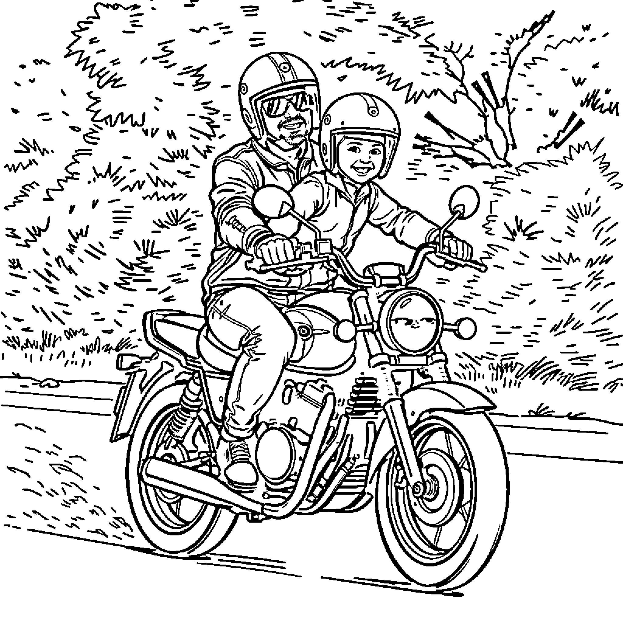 Motorbike ride through nature with two riders Coloring Page (free black-and-white line drawing printable PDF for all, from beginners to advanced learners, including children, teens, adults, and seniors)