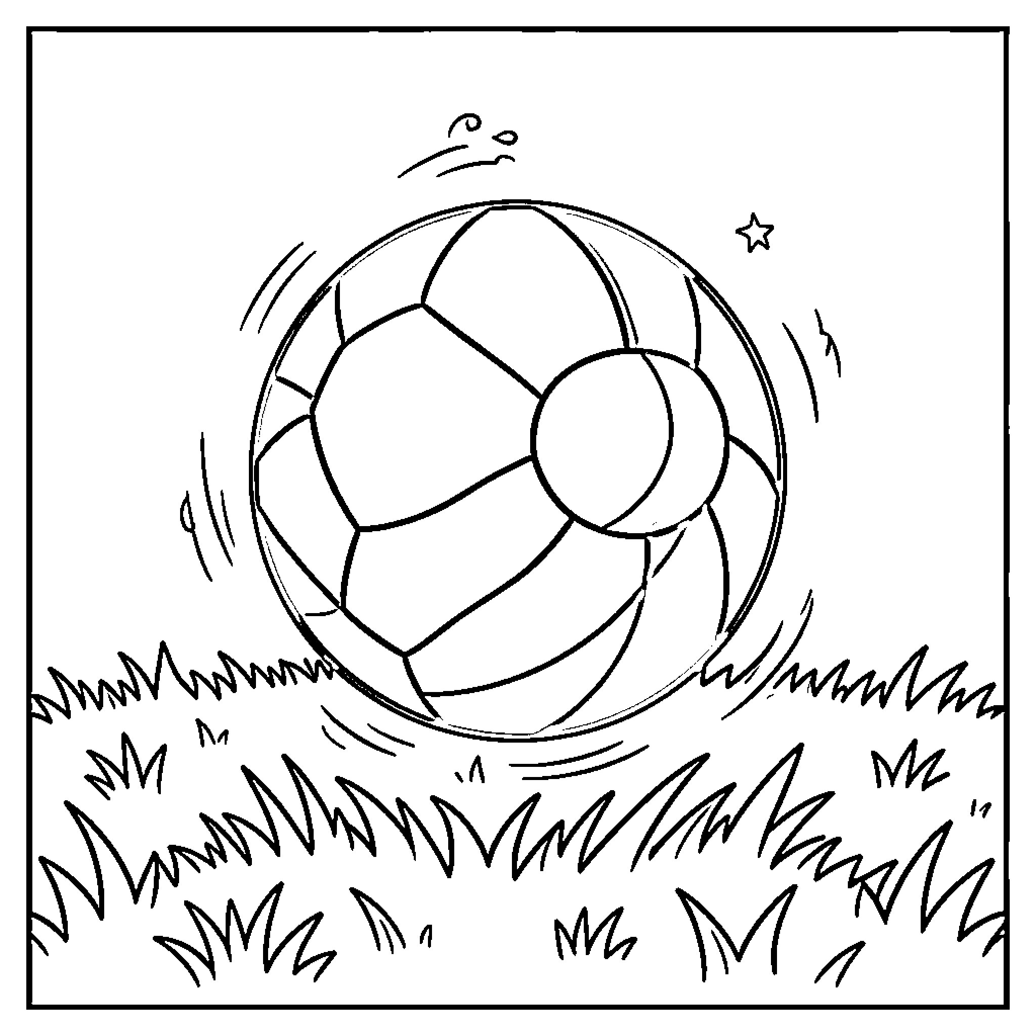 Ball bouncing on grassy field under night sky Coloring Page (free black-and-white line drawing printable PDF for all, from beginners to advanced learners, including children, teens, adults, and seniors)