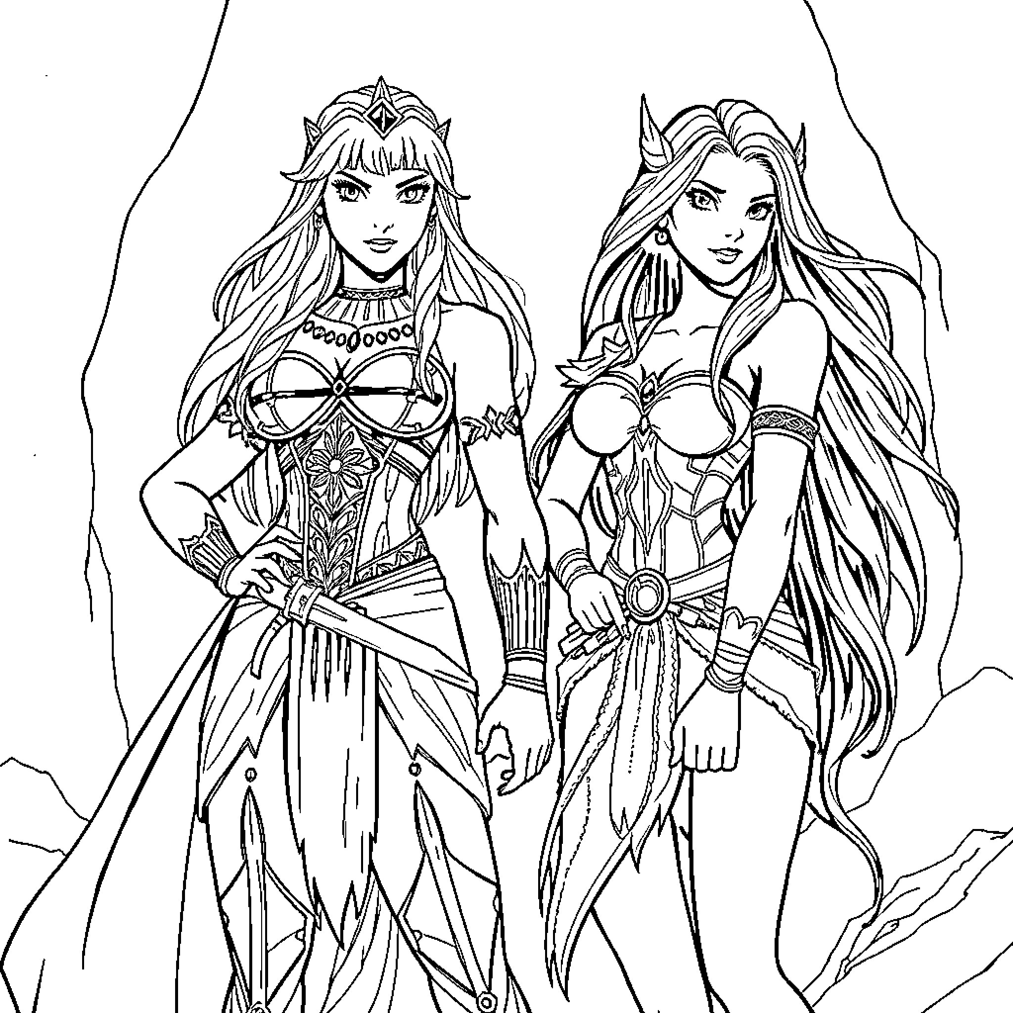 Xena and Gabrielle - Powerful Warrior Women in Action Coloring Page (free black-and-white line drawing printable PDF for all, from beginners to advanced learners, including children, teens, adults, and seniors)
