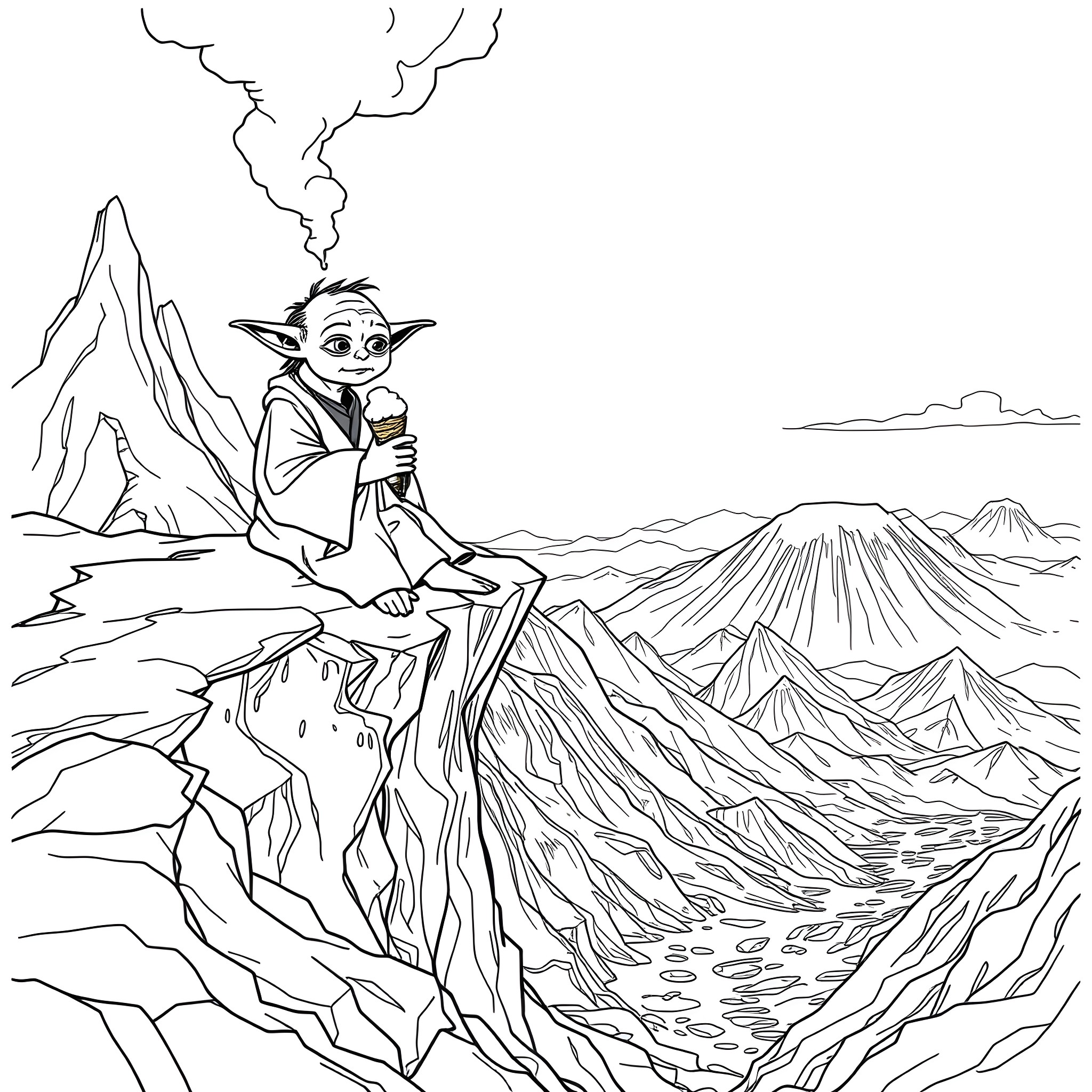 Yoda contemplating the mountainous landscape Coloring Page (free black-and-white line drawing printable PDF for all, from beginners to advanced learners, including children, teens, adults, and seniors)
