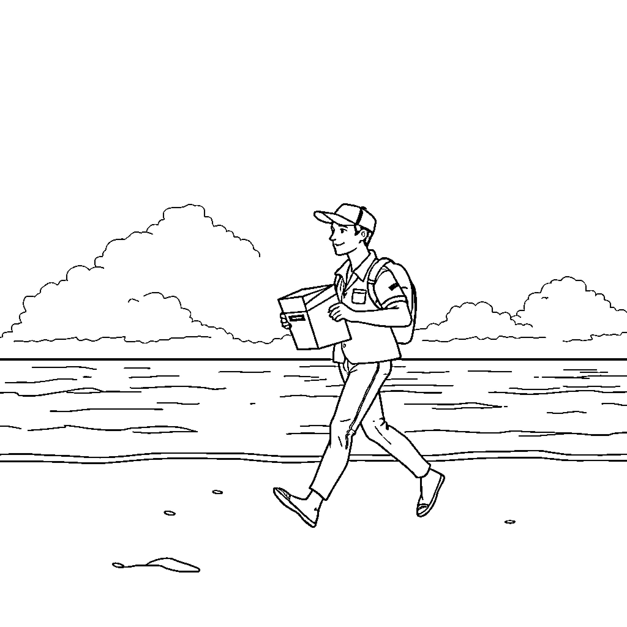Mail Carrier Delivering Packages on Coastal Route Coloring Page (free black-and-white line drawing printable PDF for all, from beginners to advanced learners, including children, teens, adults, and seniors)