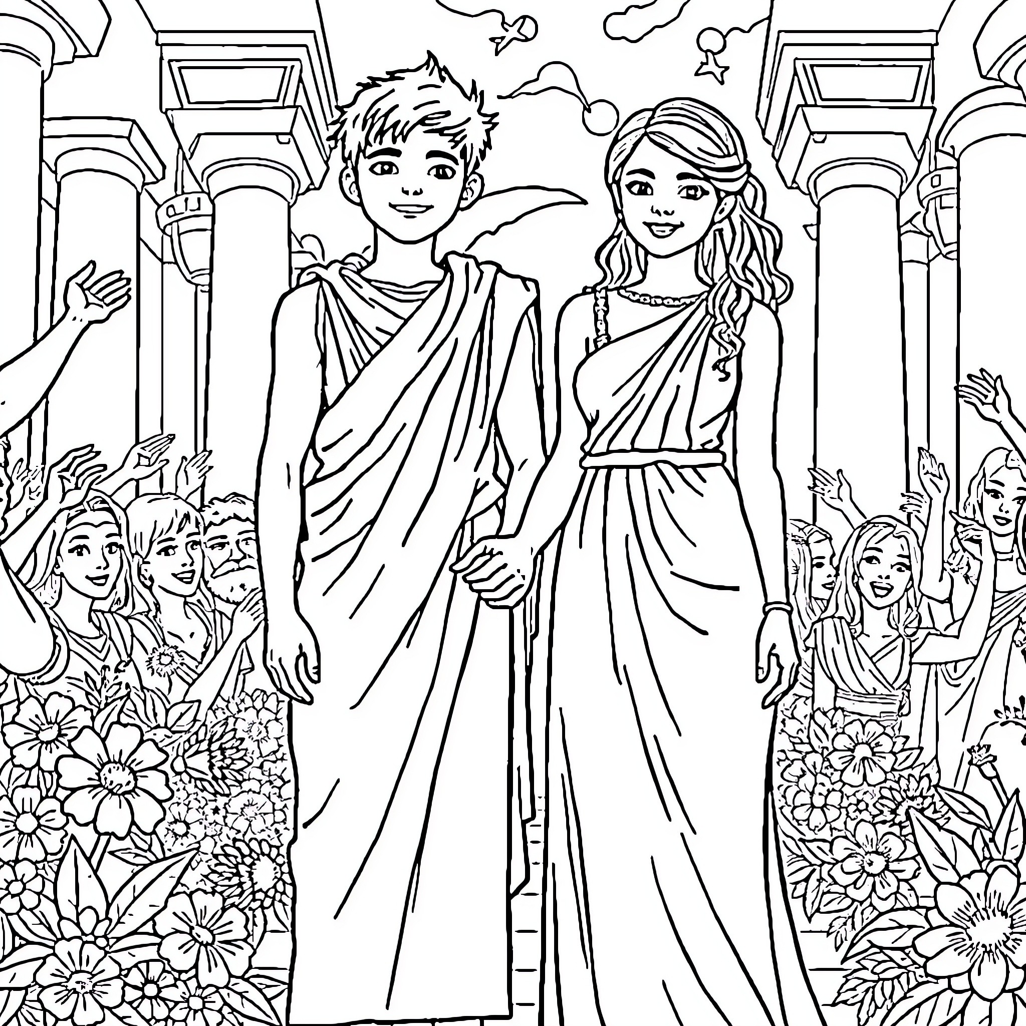 Teenager Dressed as Greek Gods at Temple Celebration Coloring Page (free black-and-white line drawing printable PDF for all, from beginners to advanced learners, including children, teens, adults, and seniors)