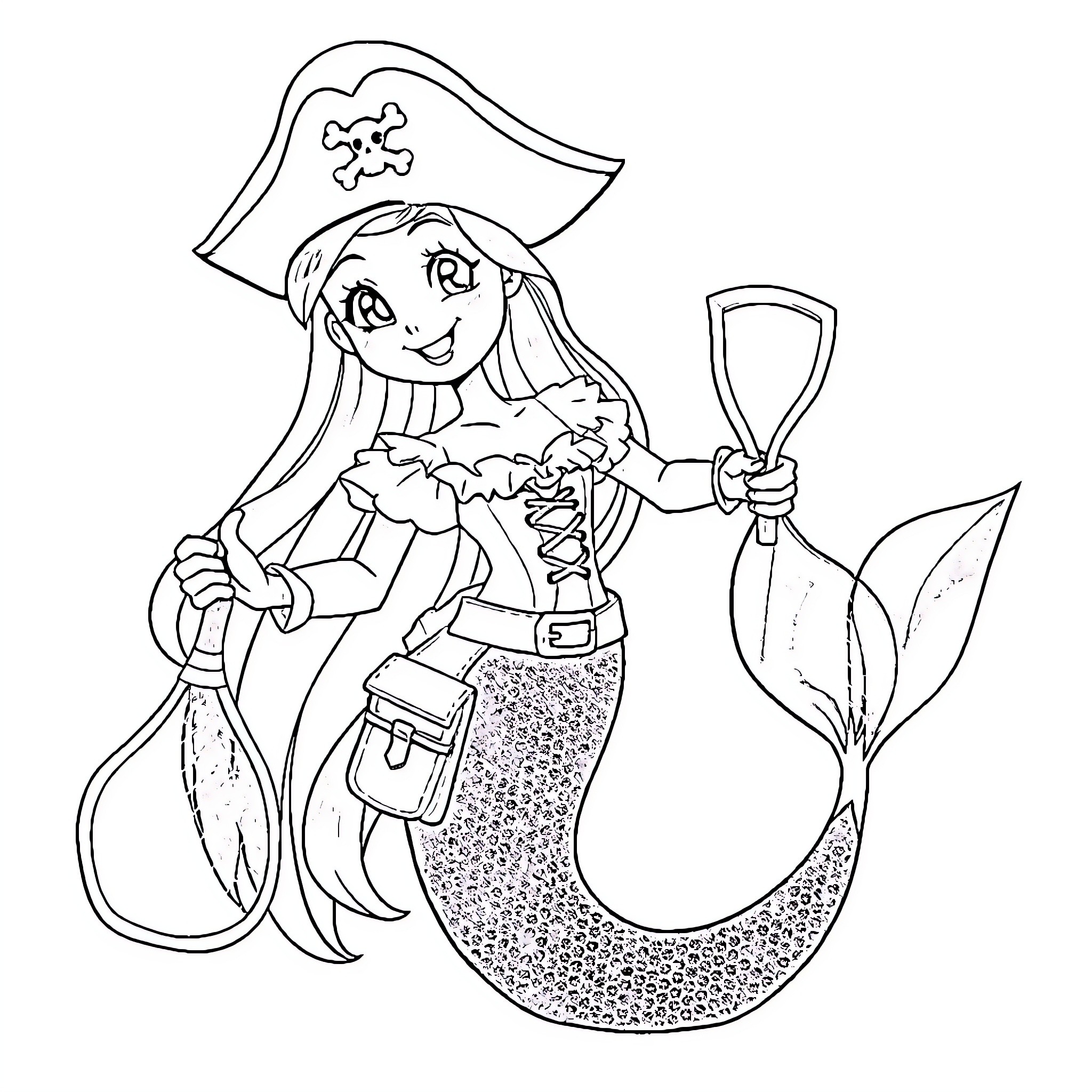 Pirate Mermaid Wielding Sword and Telescope Coloring Page (free black-and-white line drawing printable PDF for all, from beginners to advanced learners, including children, teens, adults, and seniors)