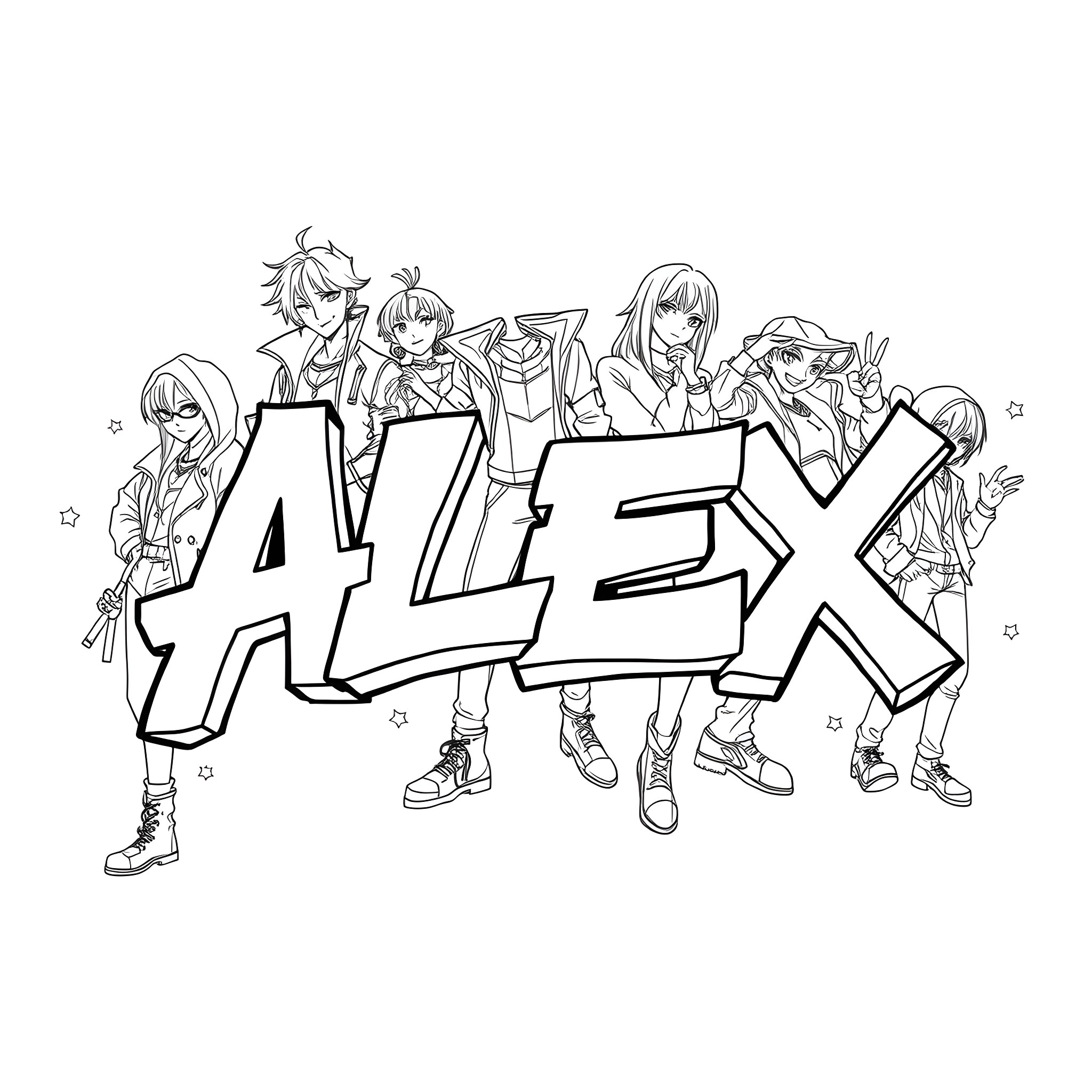 Alex and friends in playful poses Coloring Page (free black-and-white line drawing printable PDF for all, from beginners to advanced learners, including children, teens, adults, and seniors)