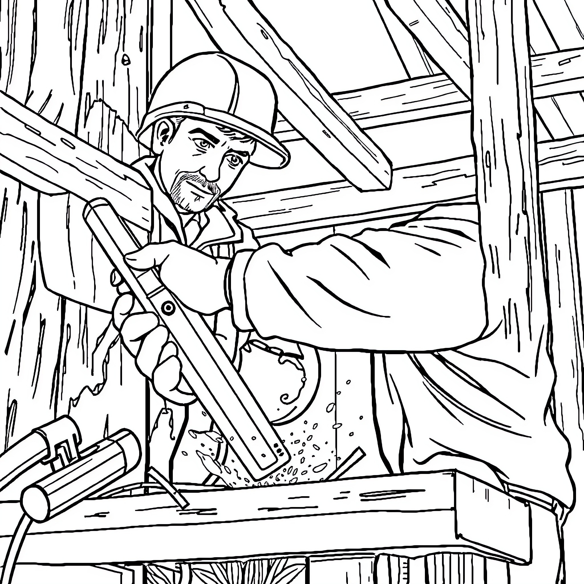 Worker Repairing Damaged Wooden Structure Coloring Page (free black-and-white line drawing printable PDF for all, from beginners to advanced learners, including children, teens, adults, and seniors)