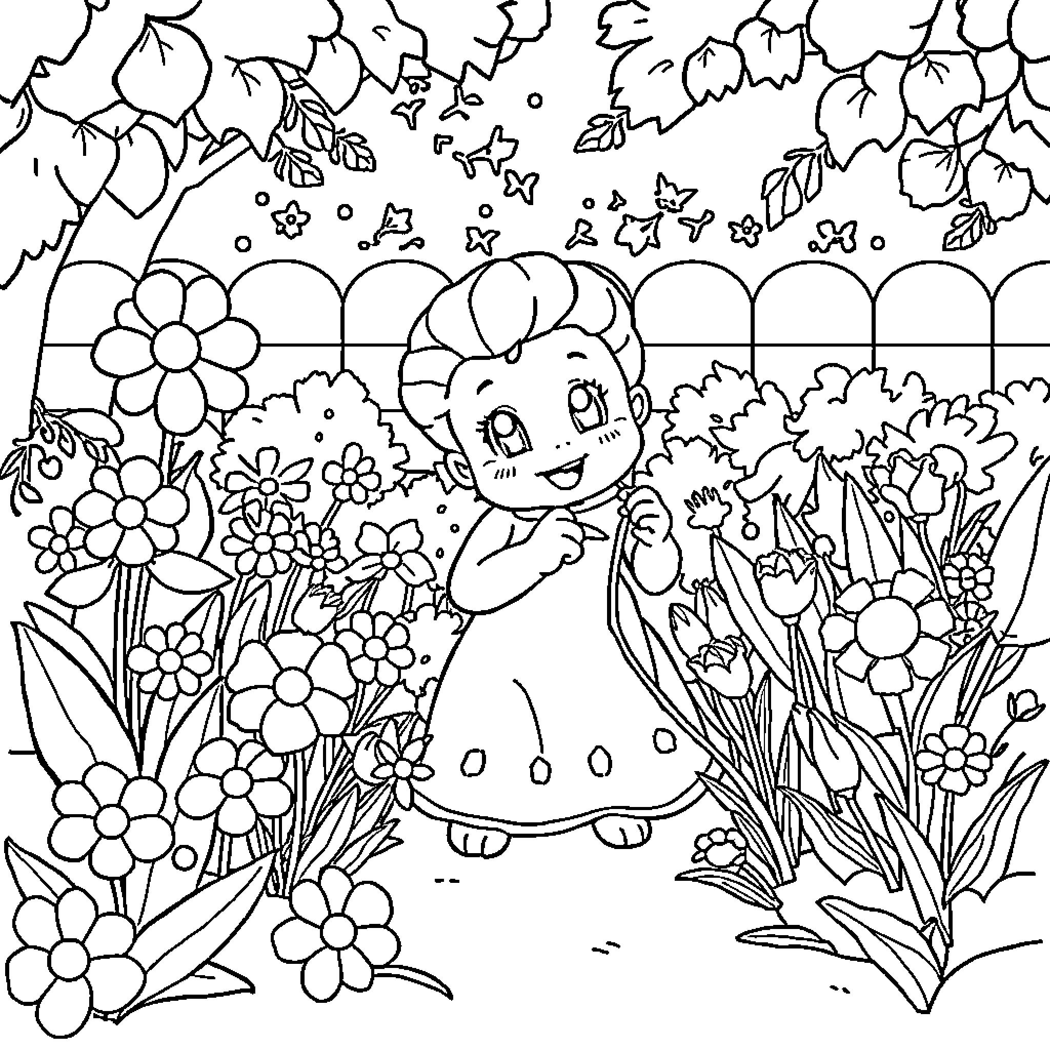 Bubu playing happily in the flower garden Coloring Page (free black-and-white line drawing printable PDF for all, from beginners to advanced learners, including children, teens, adults, and seniors)