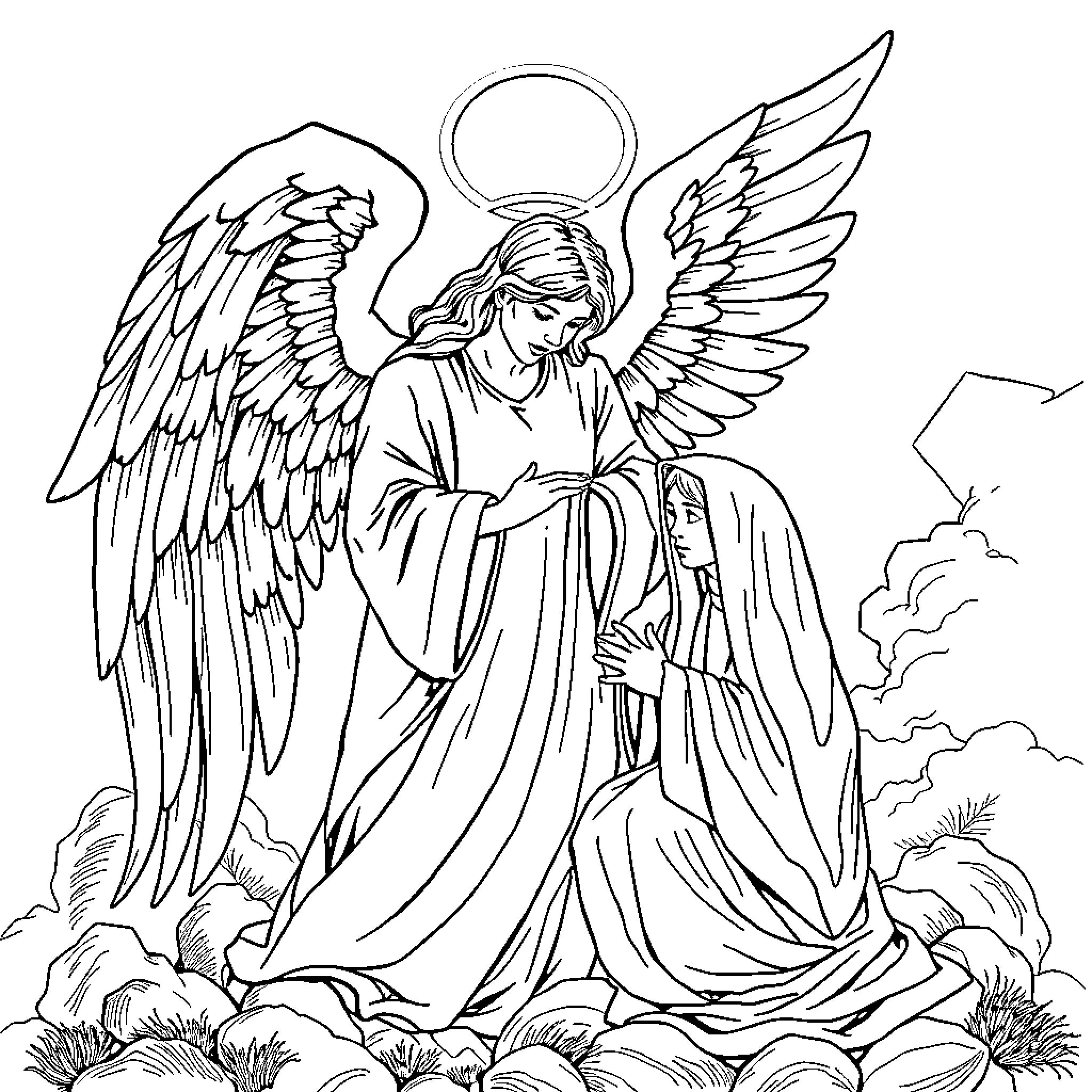 Angel adorned in flowing robes amid celestial scenery Coloring Page (free black-and-white line drawing printable PDF for all, from beginners to advanced learners, including children, teens, adults, and seniors)