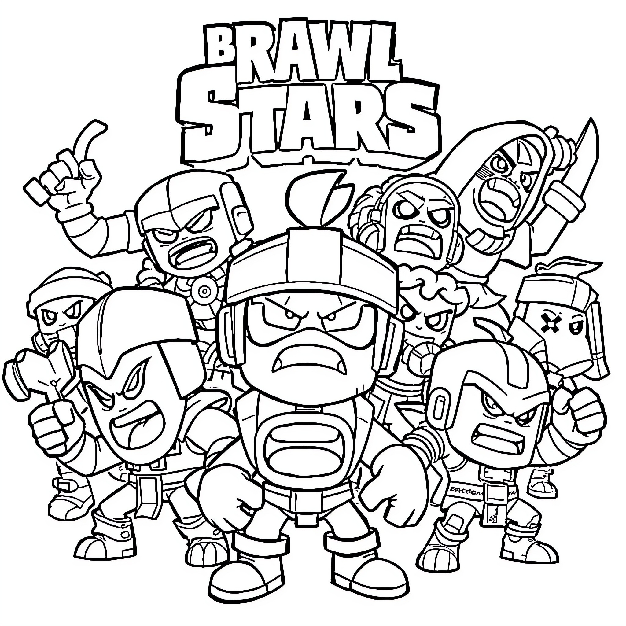 Brawler characters in combat-ready poses Coloring Page (free black-and-white line drawing printable PDF for all, from beginners to advanced learners, including children, teens, adults, and seniors)
