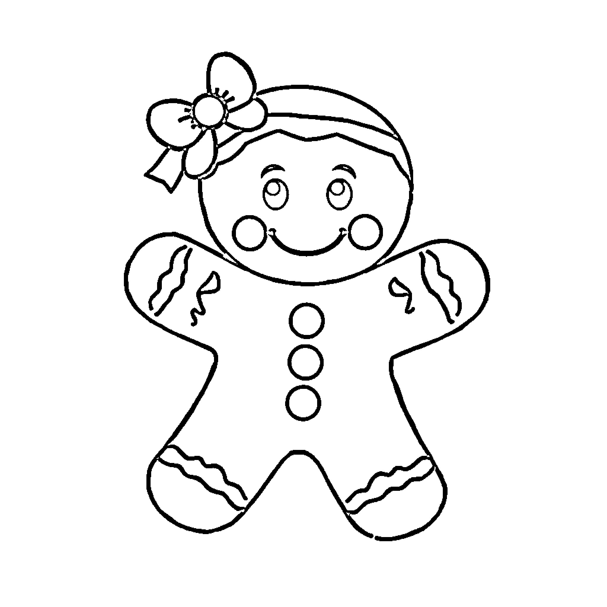 Gingerbread Man with Bow Decorations Coloring Page (free black-and-white line drawing printable PDF for all, from beginners to advanced learners, including children, teens, adults, and seniors)