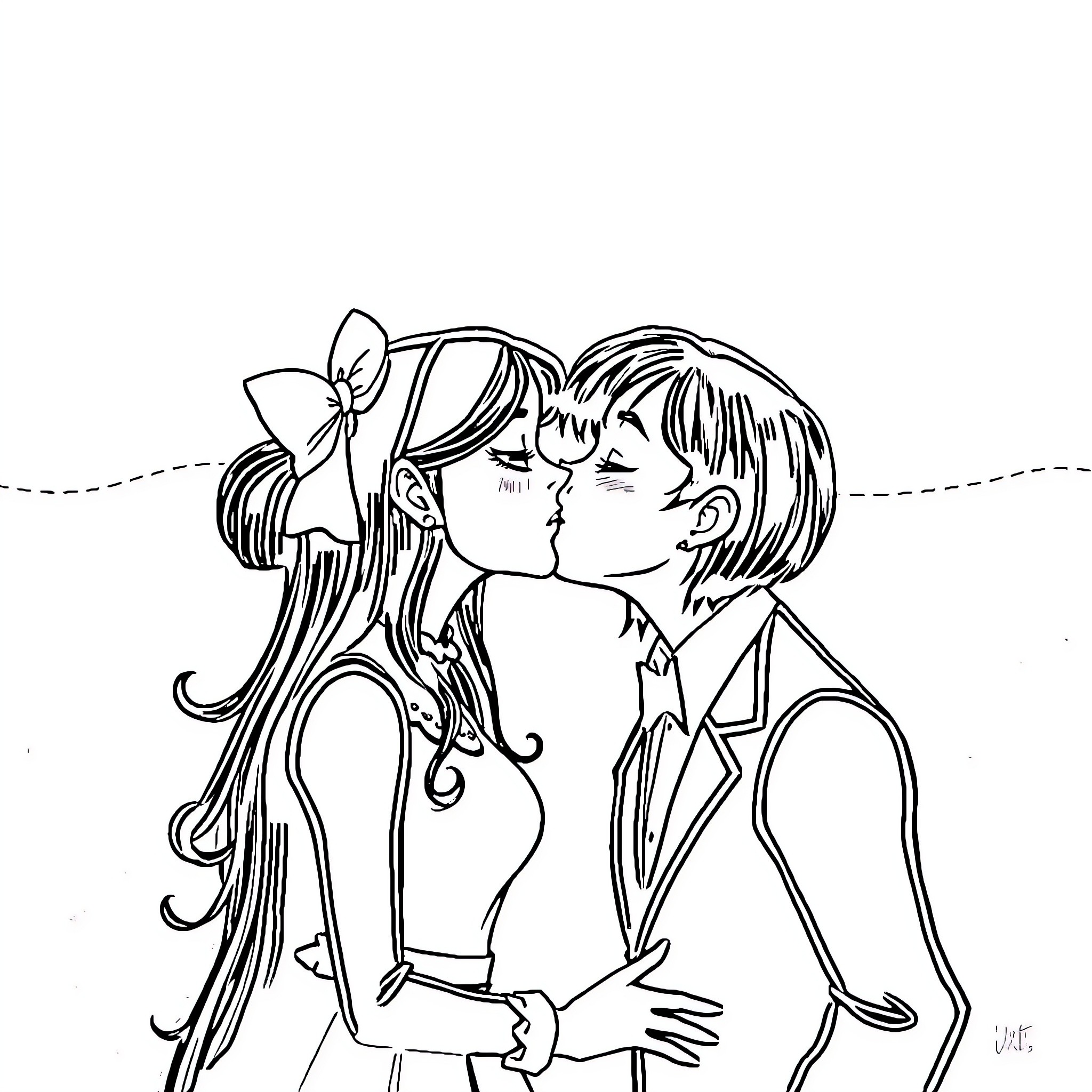 Wednesday couple expressing affection Coloring Page (free black-and-white line drawing printable PDF for all, from beginners to advanced learners, including children, teens, adults, and seniors)