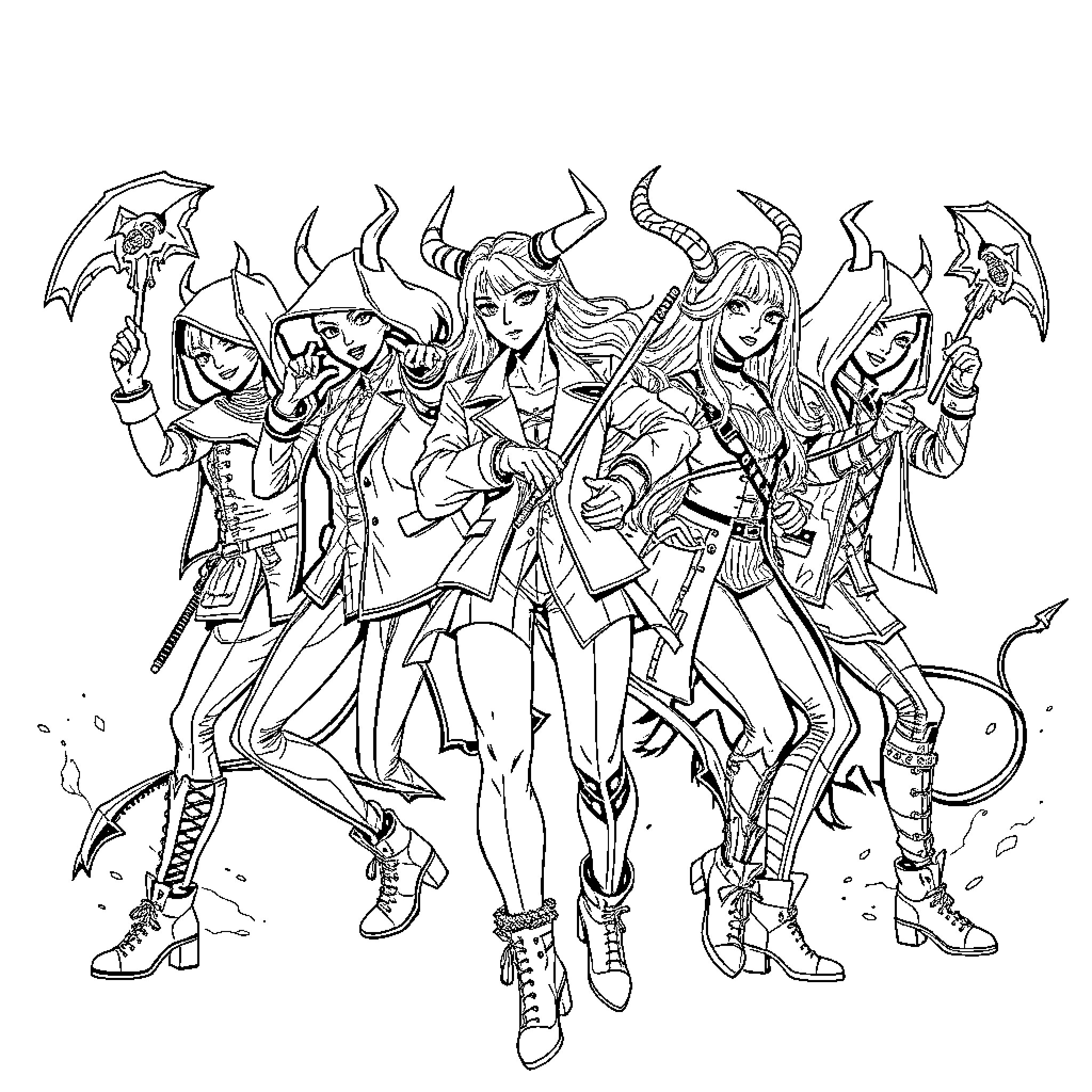 Demon Hunters in Fierce Battle Stance Coloring Page (free black-and-white line drawing printable PDF for all, from beginners to advanced learners, including children, teens, adults, and seniors)