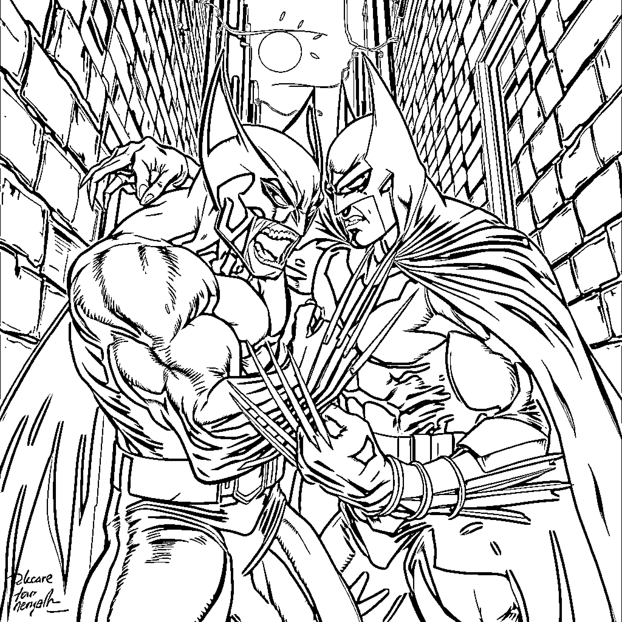 Wolverine in an intense battle with a foe Coloring Page (free black-and-white line drawing printable PDF for all, from beginners to advanced learners, including children, teens, adults, and seniors)