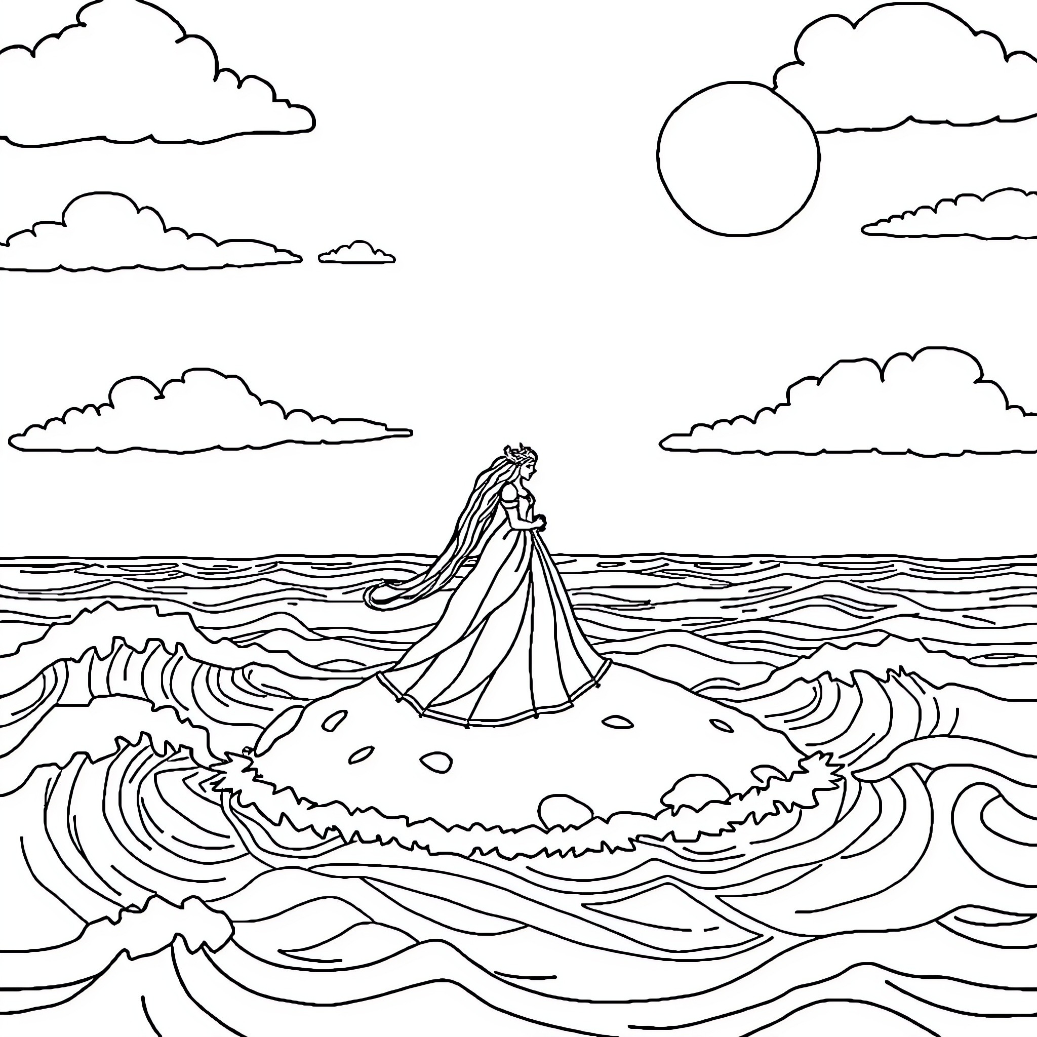 Princess walking on the stormy ocean waves Coloring Page (free black-and-white line drawing printable PDF for all, from beginners to advanced learners, including children, teens, adults, and seniors)