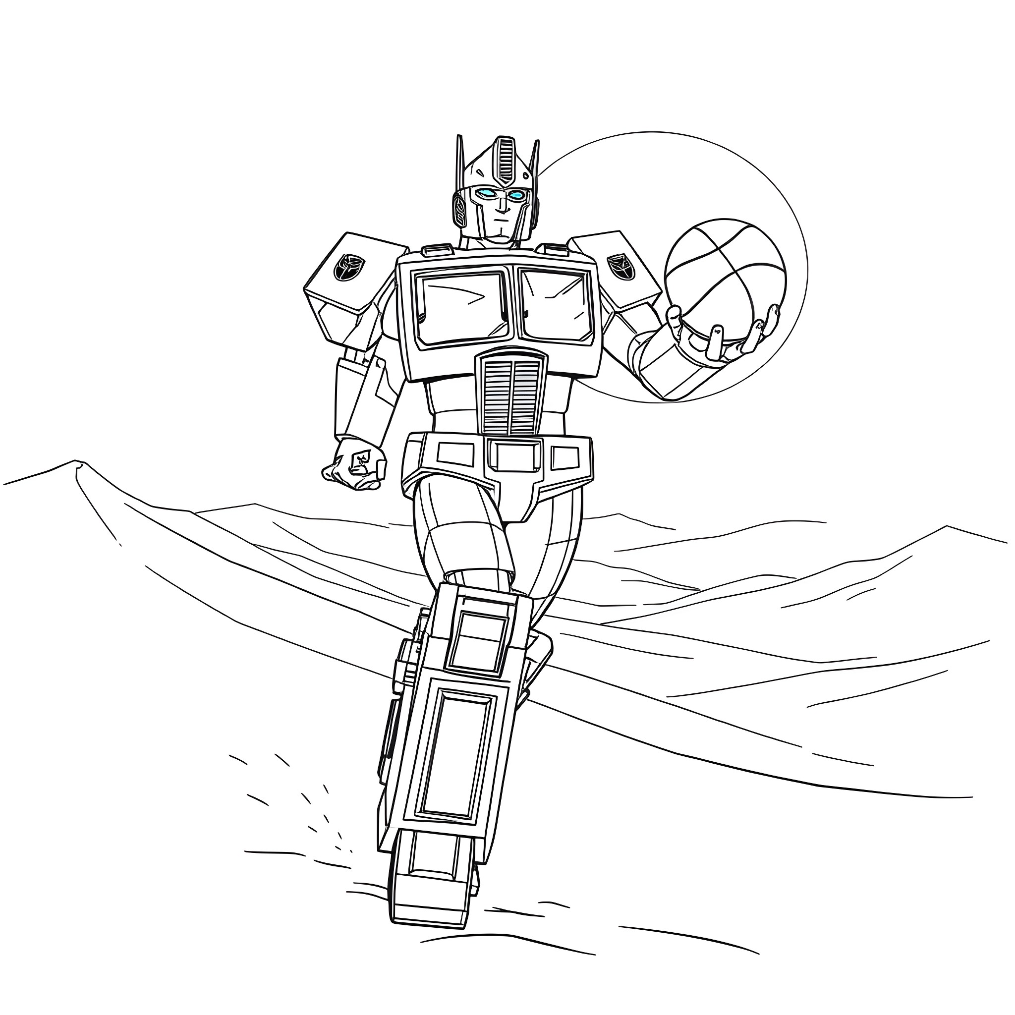 Optimus Prime wielding his iconic weapon in a heroic pose Coloring Page (free black-and-white line drawing printable PDF for all, from beginners to advanced learners, including children, teens, adults, and seniors)
