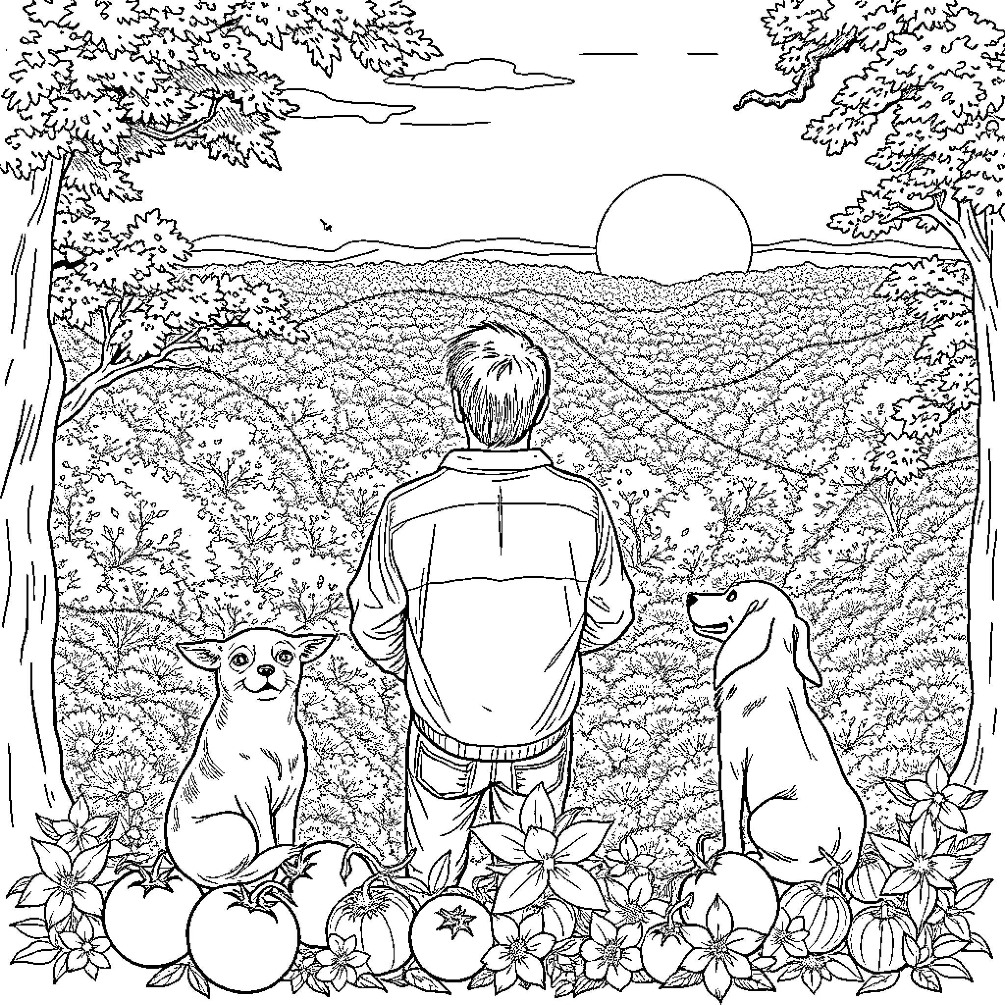 Homme contemplating nature with his canine companions Coloring Page (free black-and-white line drawing printable PDF for all, from beginners to advanced learners, including children, teens, adults, and seniors)