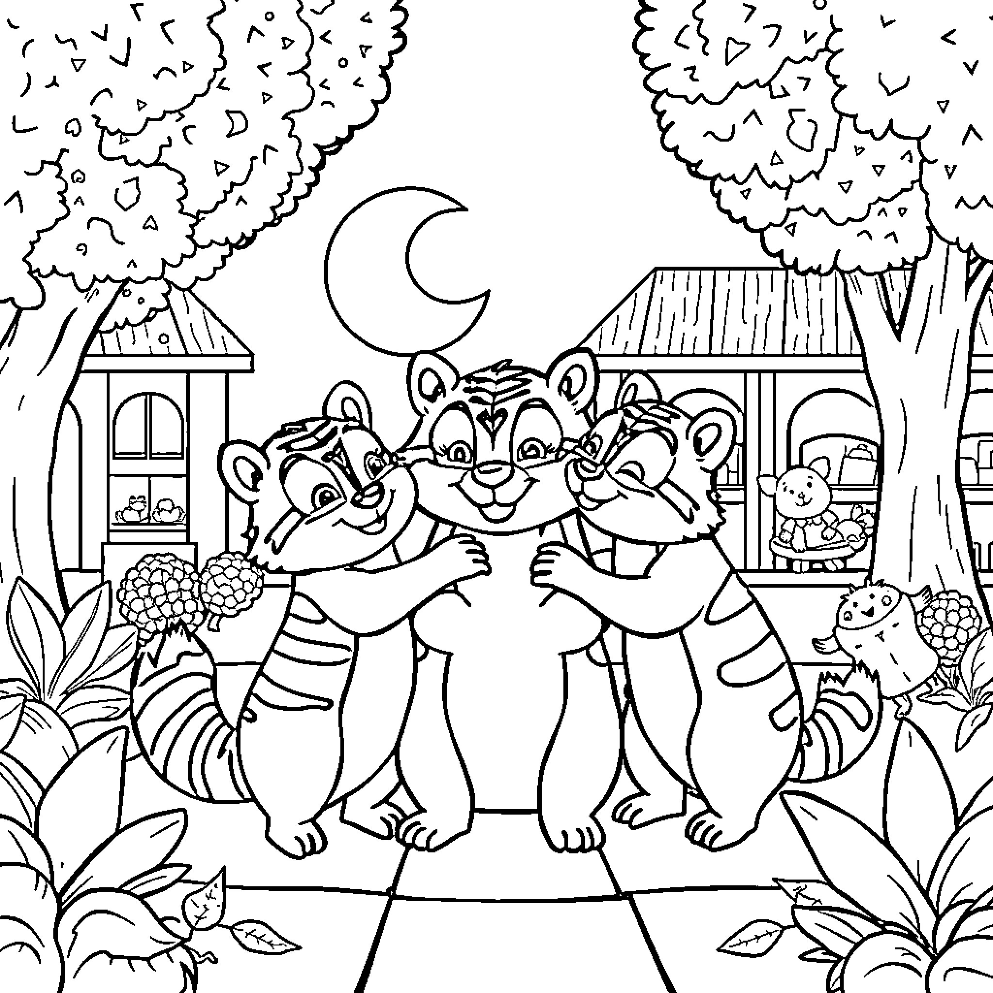 Three Little Pigs dancing happily under the moonlight Coloring Page (free black-and-white line drawing printable PDF for all, from beginners to advanced learners, including children, teens, adults, and seniors)