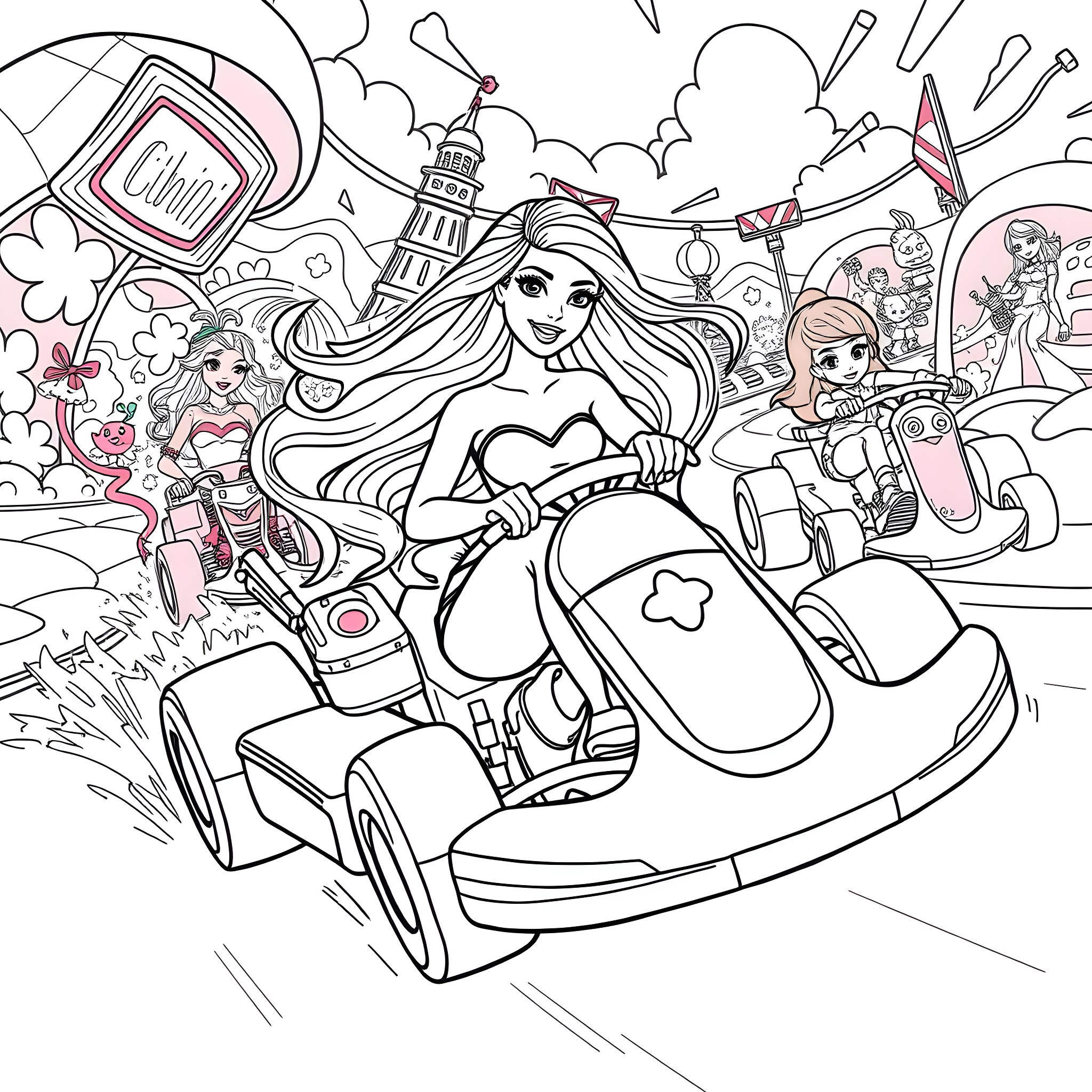 Barbie's Adventurous Road Trip Coloring Page (free black-and-white line drawing printable PDF for all, from beginners to advanced learners, including children, teens, adults, and seniors)