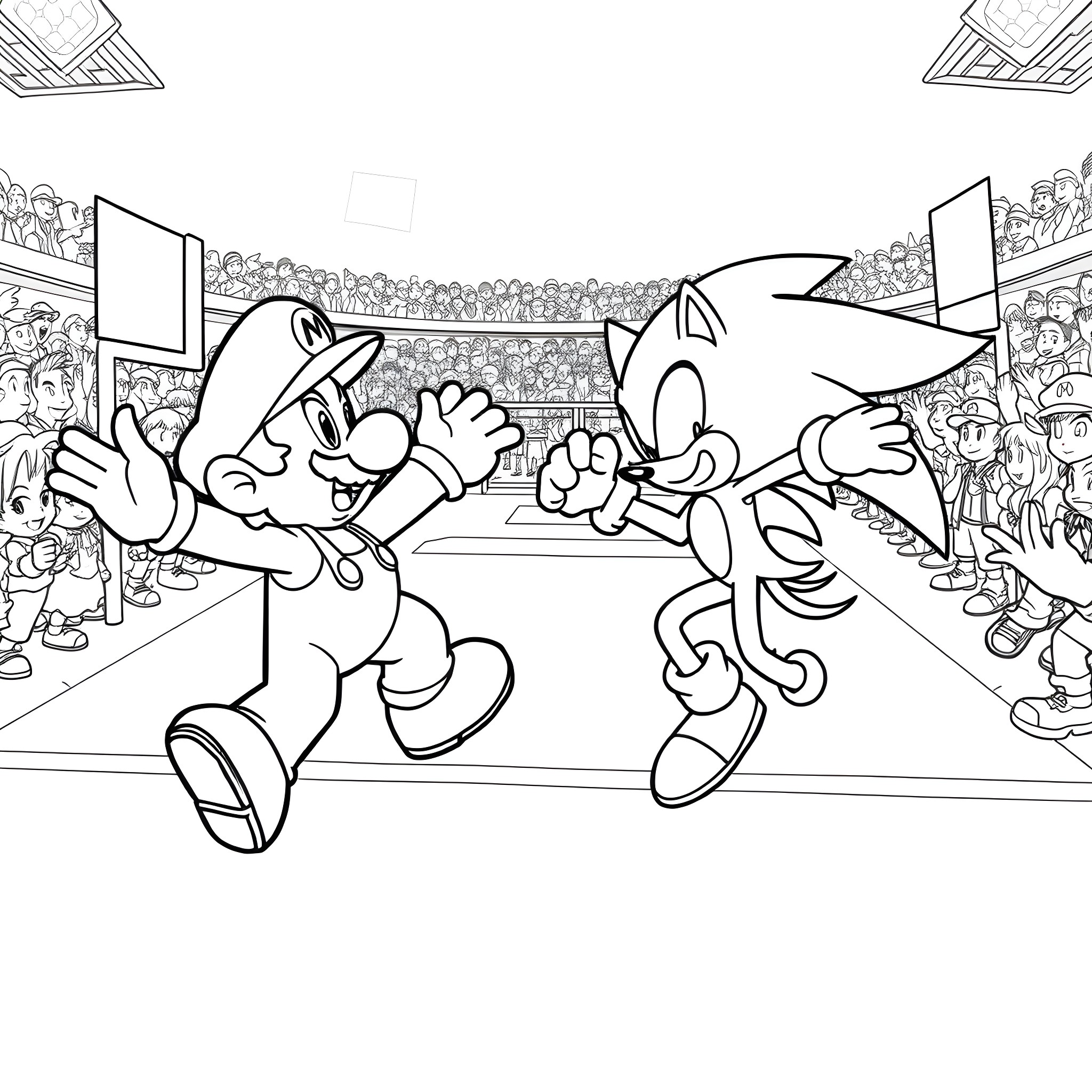 Mario and Sonic Racing in a Stadium Coloring Page (free black-and-white line drawing printable PDF for all, from beginners to advanced learners, including children, teens, adults, and seniors)