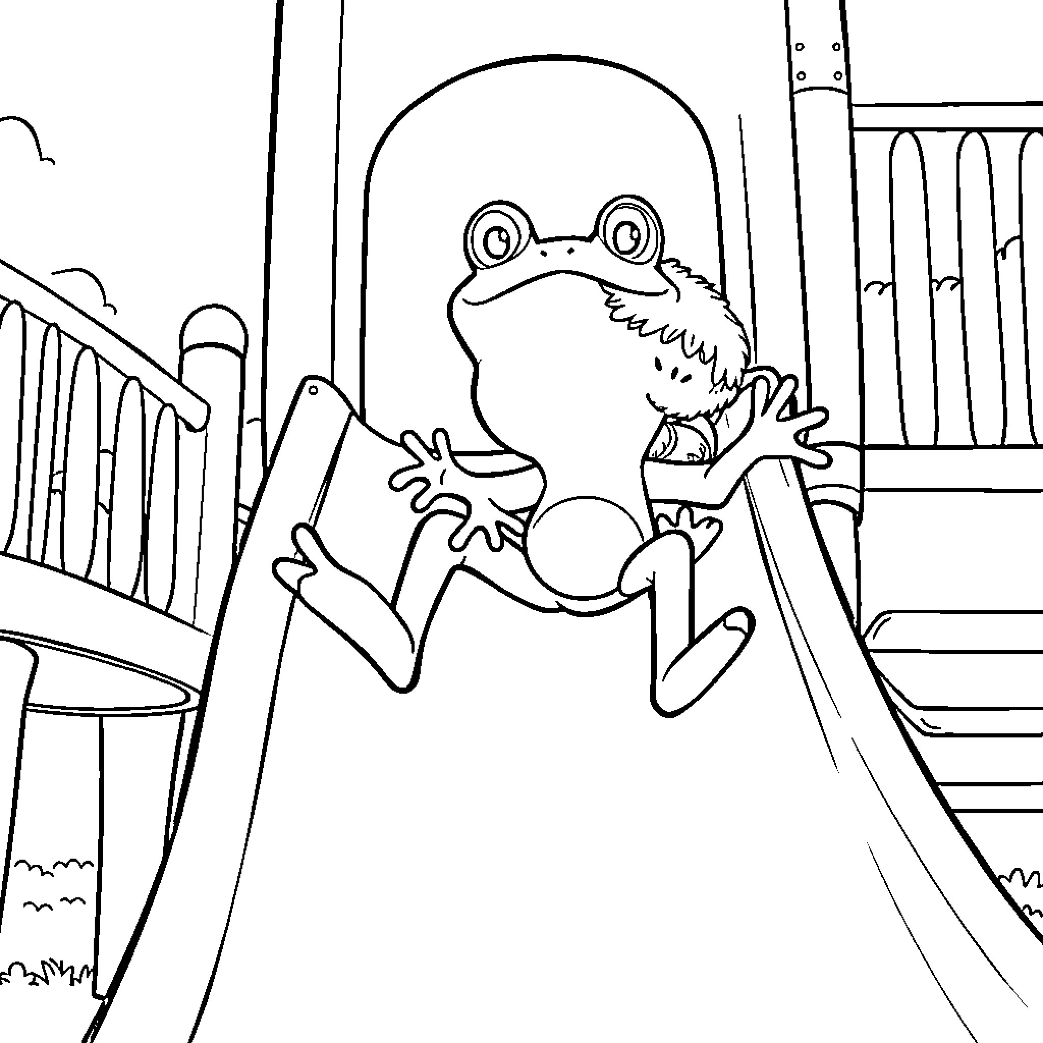 Frog climbing on the stairs Coloring Page (free black-and-white line drawing printable PDF for all, from beginners to advanced learners, including children, teens, adults, and seniors)