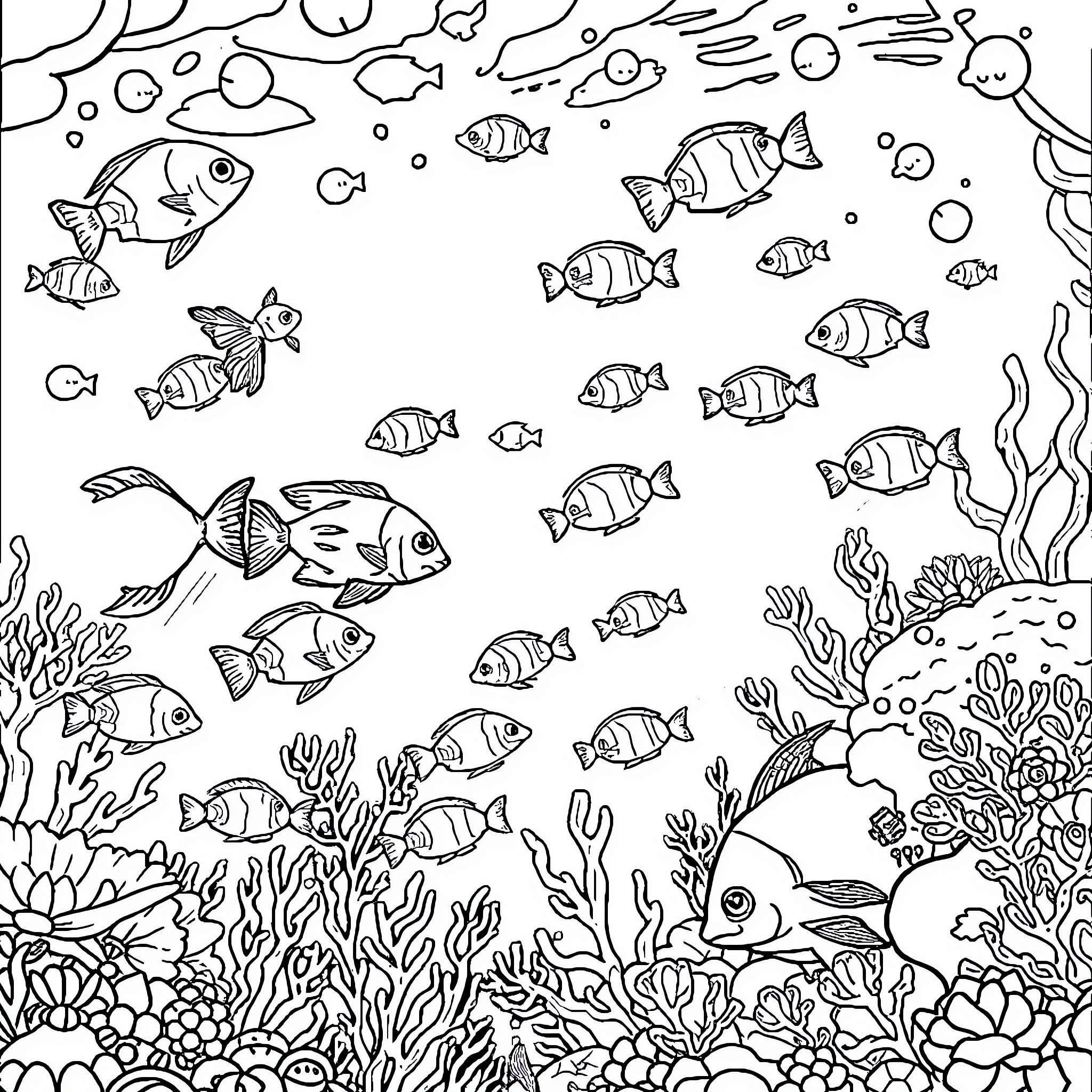 Sea creatures swimming in coral reef Coloring Page (free black-and-white line drawing printable PDF for all, from beginners to advanced learners, including children, teens, adults, and seniors)