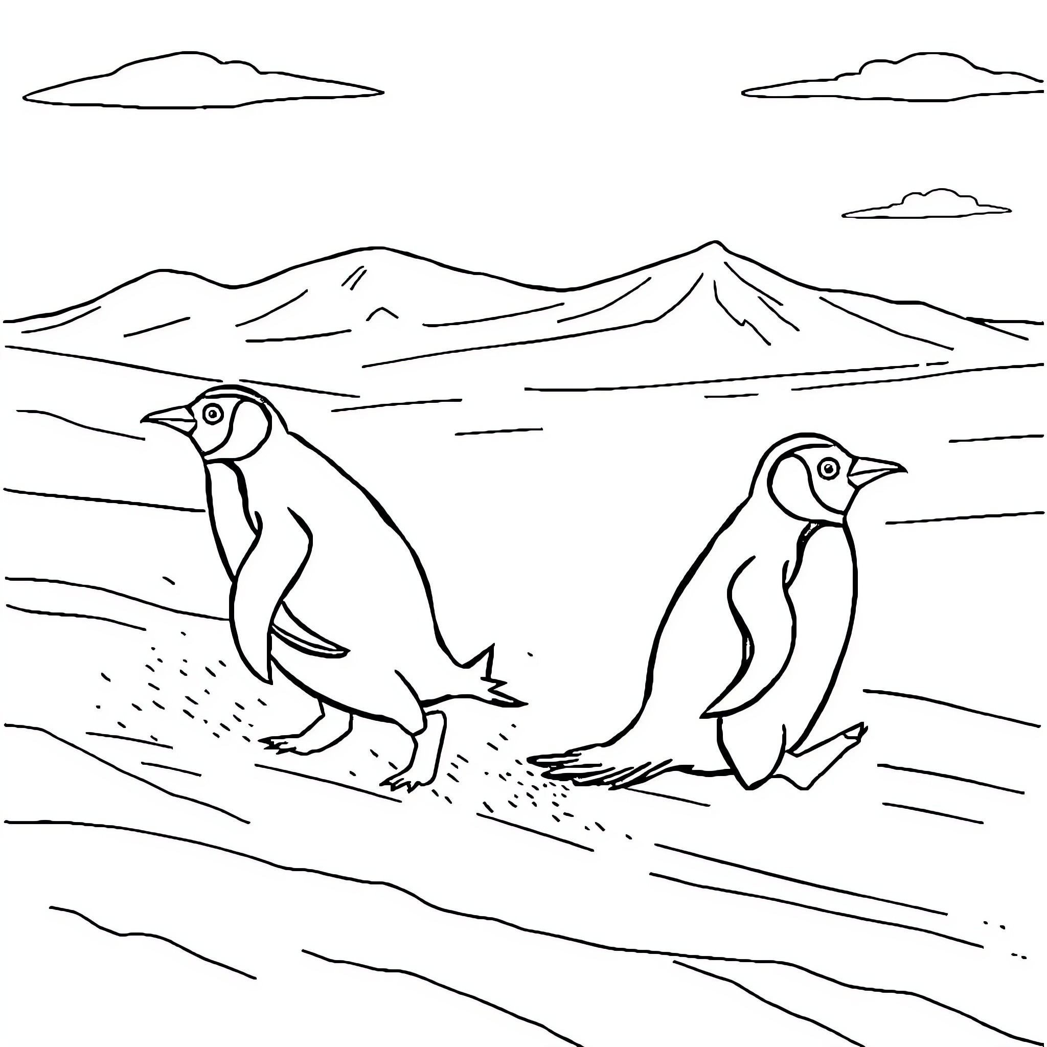 Penguins exploring the snowy landscape Coloring Page (free black-and-white line drawing printable PDF for all, from beginners to advanced learners, including children, teens, adults, and seniors)