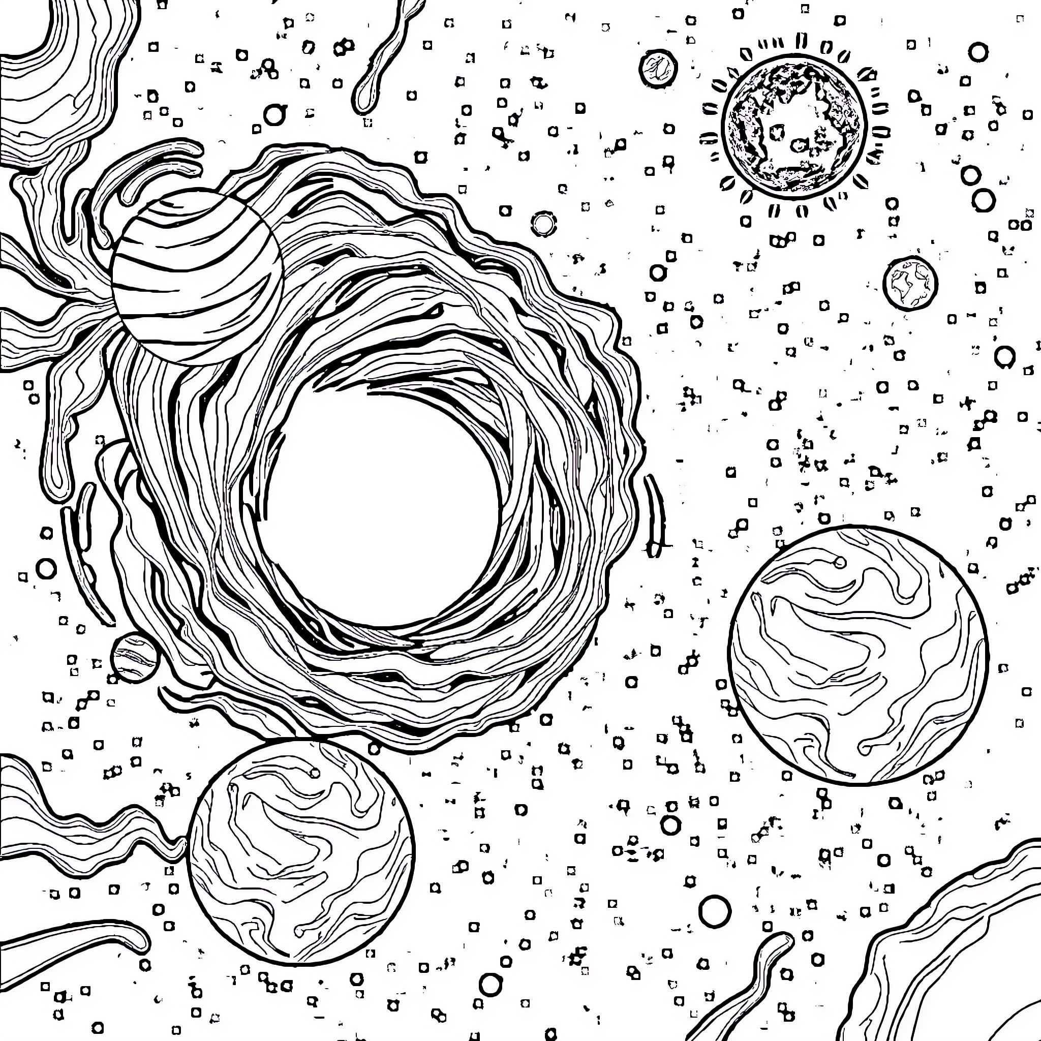 Black Hole Celestial Phenomena Coloring Page (free black-and-white line drawing printable PDF for all, from beginners to advanced learners, including children, teens, adults, and seniors)