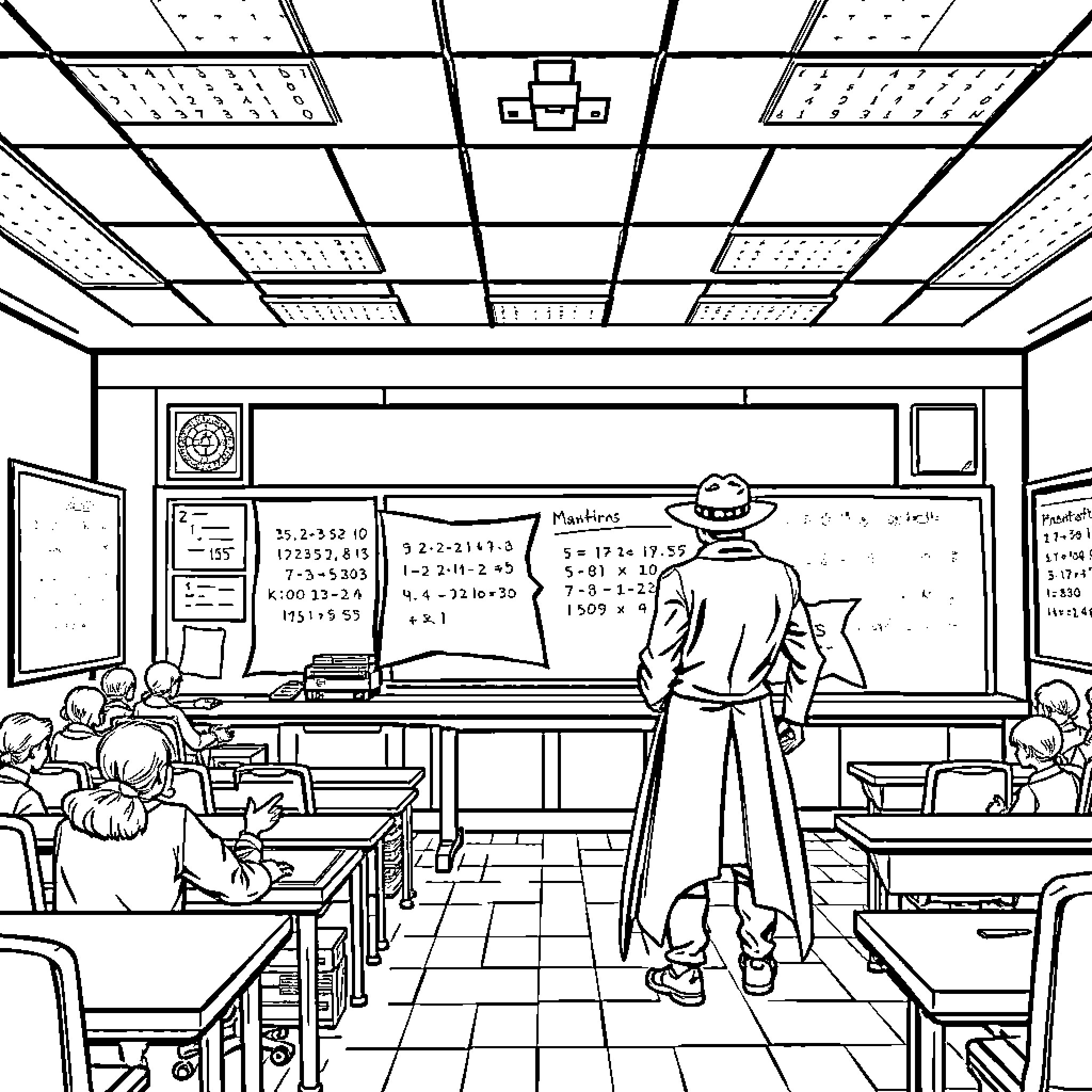 Undertaker teaching in the classroom Coloring Page (free black-and-white line drawing printable PDF for all, from beginners to advanced learners, including children, teens, adults, and seniors)