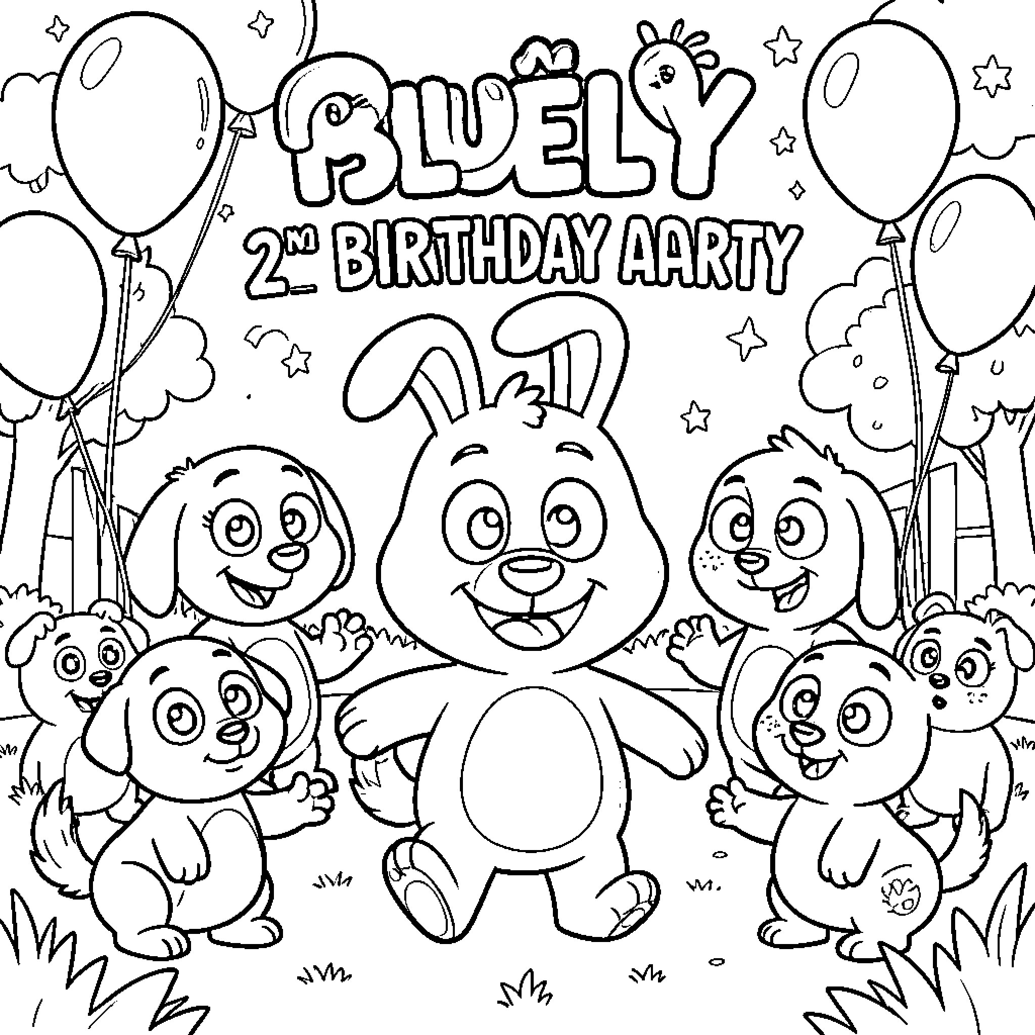 Bluey's 2nd Birthday Party with Friends Coloring Page (free black-and-white line drawing printable PDF for all, from beginners to advanced learners, including children, teens, adults, and seniors)