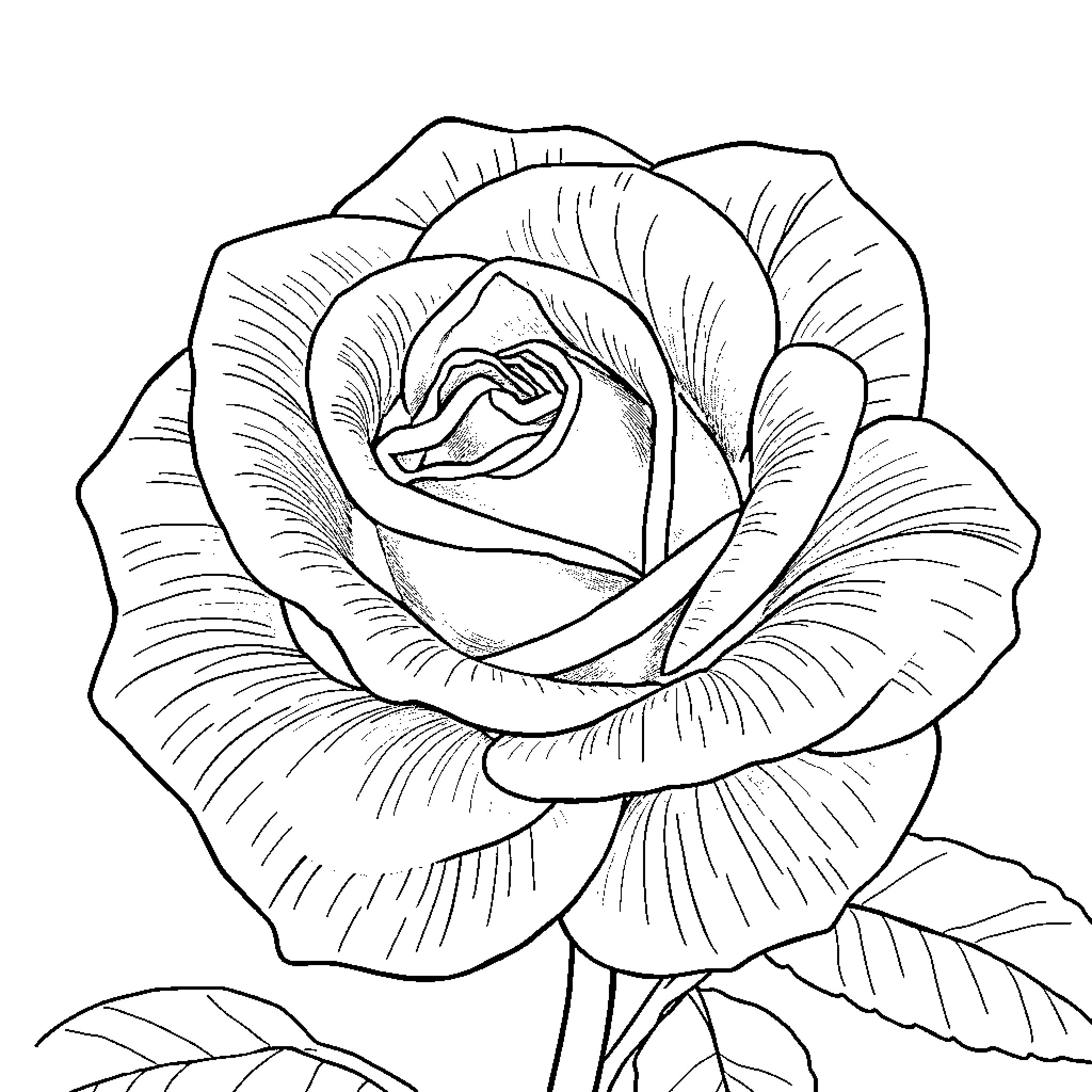 Rose in Elegant Bloom Coloring Page (free black-and-white line drawing printable PDF for all, from beginners to advanced learners, including children, teens, adults, and seniors)