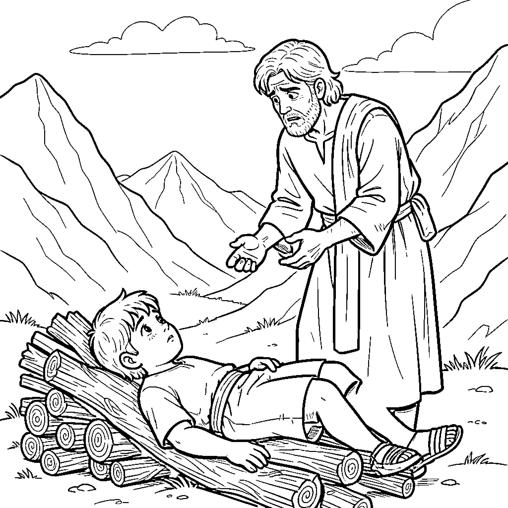 Abraham helps the wounded man in the mountains Coloring Page (free black-and-white line drawing printable PDF for all, from beginners to advanced learners, including children, teens, adults, and seniors)