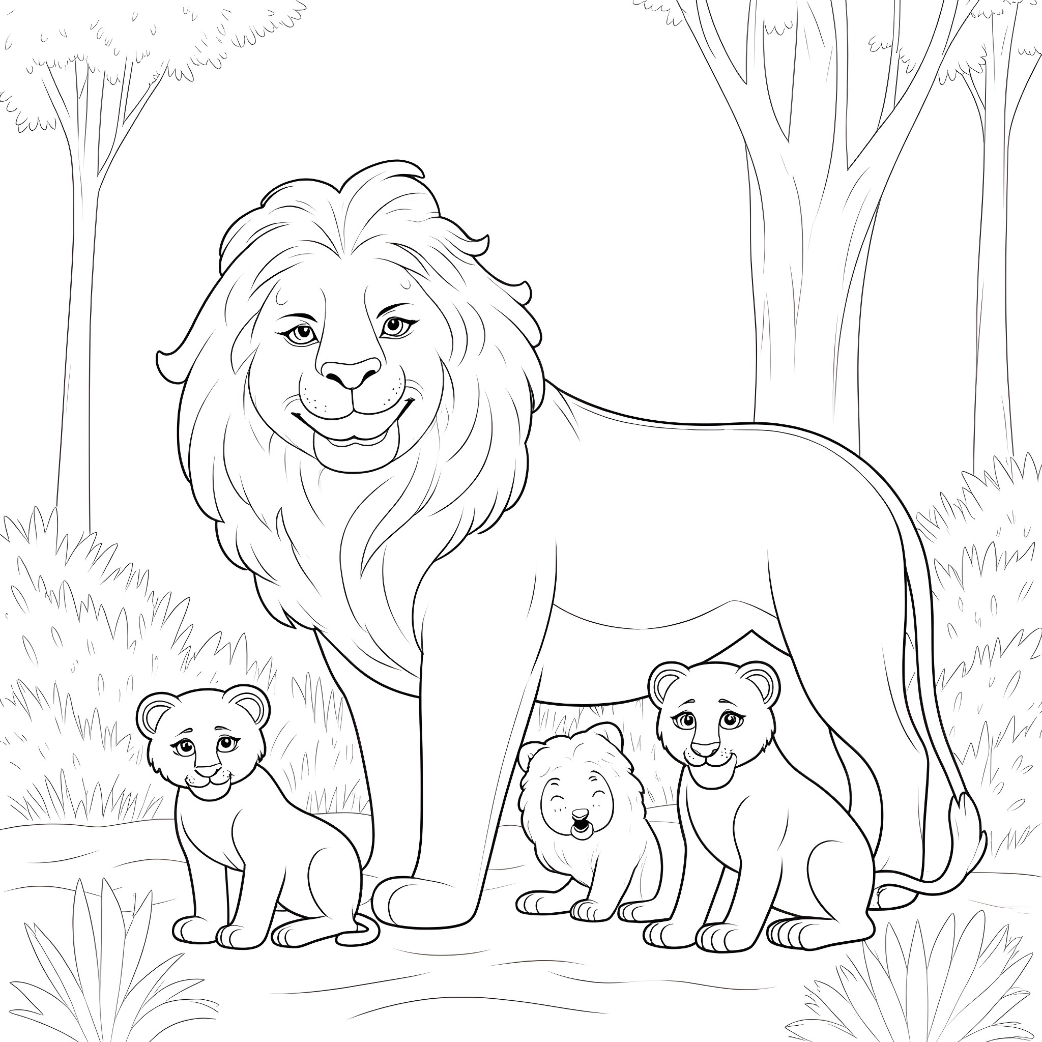 Lion Family in Natural Habitat Coloring Page (free black-and-white line drawing printable PDF for all, from beginners to advanced learners, including children, teens, adults, and seniors)