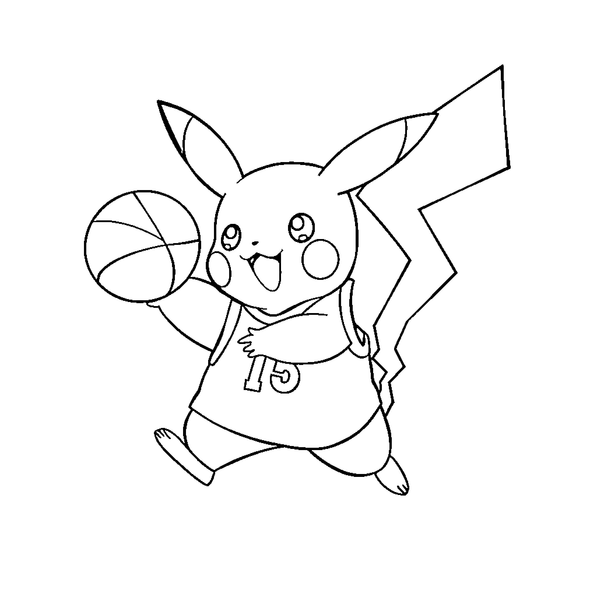 Pikachu playing basketball with a cheerful expression Coloring Page (free black-and-white line drawing printable PDF for all, from beginners to advanced learners, including children, teens, adults, and seniors)