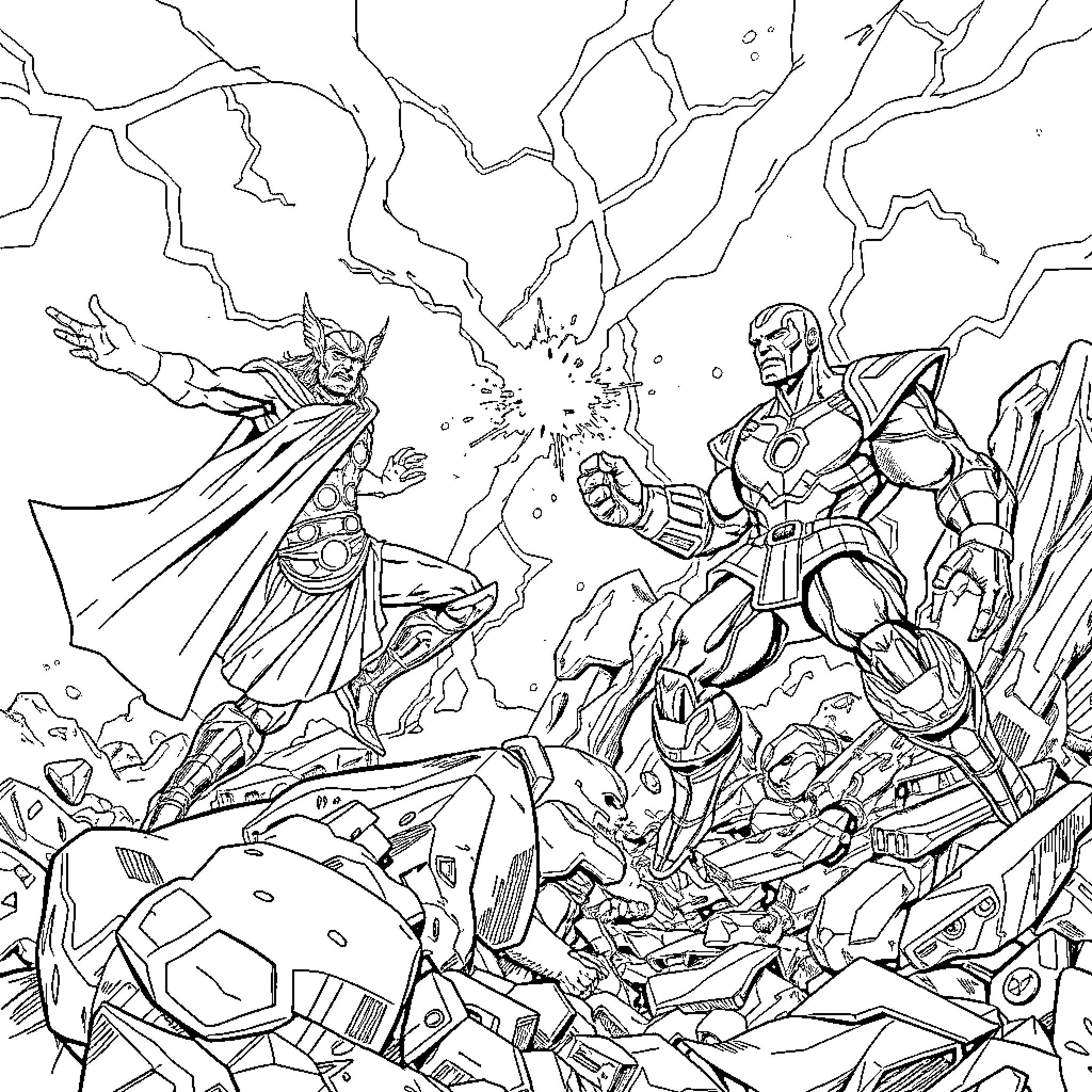 Thor battling Iron Man in an epic superhero showdown Coloring Page (free black-and-white line drawing printable PDF for all, from beginners to advanced learners, including children, teens, adults, and seniors)