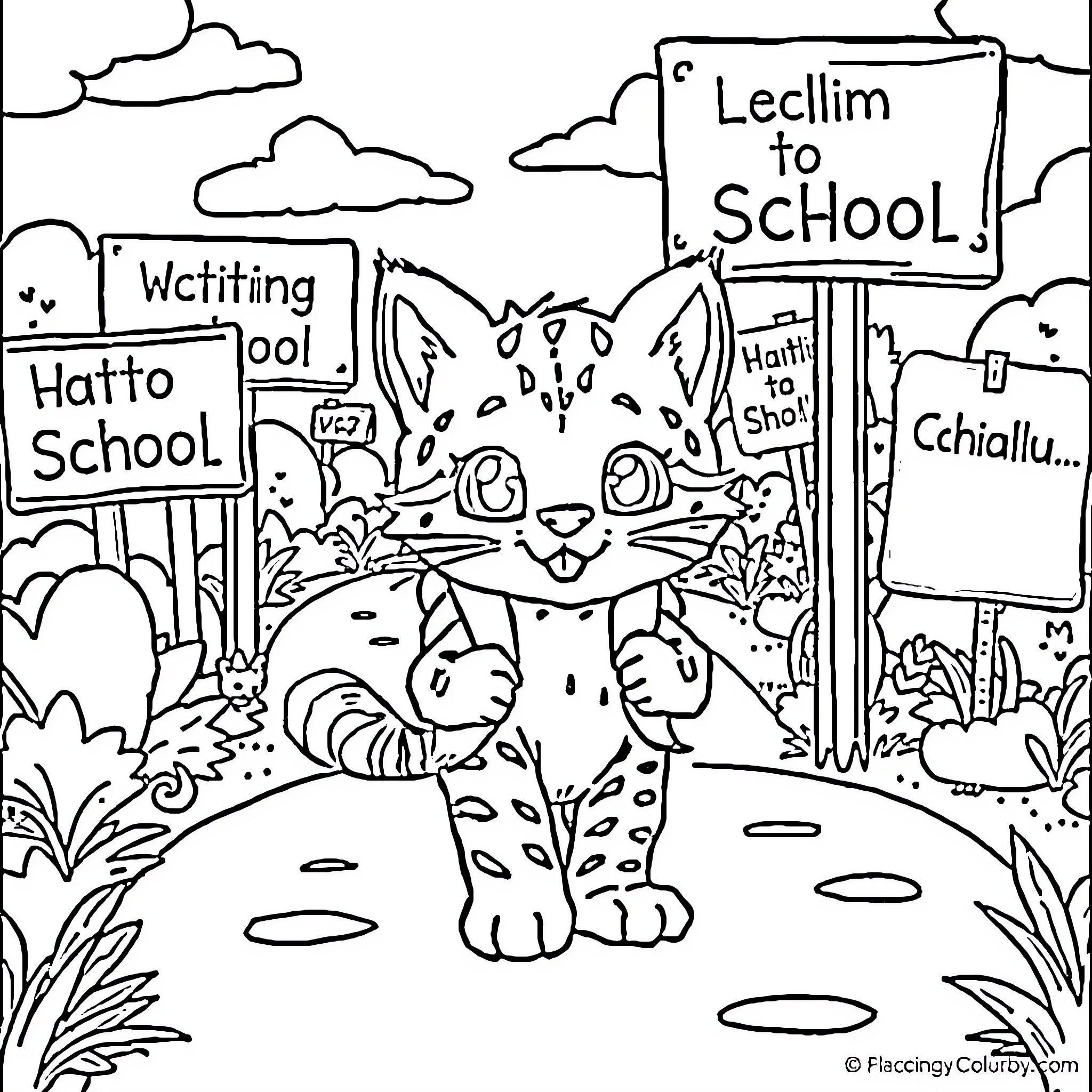 Bobcat Exploring Signs in the Neighborhood Coloring Page (free black-and-white line drawing printable PDF for all, from beginners to advanced learners, including children, teens, adults, and seniors)