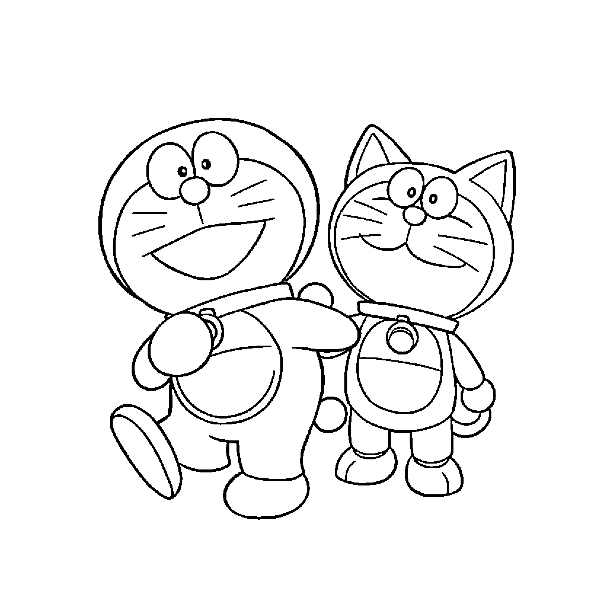 Nobita and his feline friend in a playful scene Coloring Page (free black-and-white line drawing printable PDF for all, from beginners to advanced learners, including children, teens, adults, and seniors)