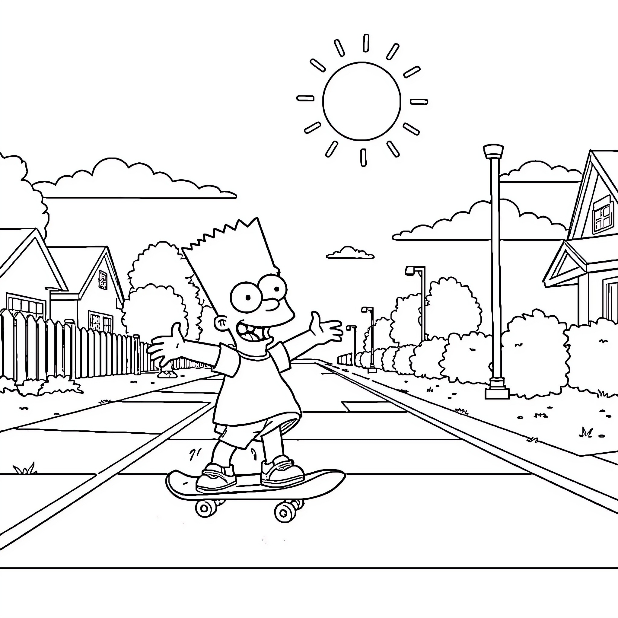 Bart Simpson skateboarding through a suburban neighborhood Coloring Page (free black-and-white line drawing printable PDF for all, from beginners to advanced learners, including children, teens, adults, and seniors)