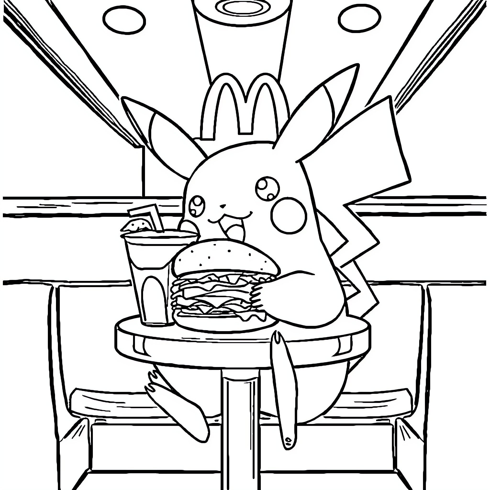 Pikachu enjoying a burger and soda at a fast food restaurant Coloring Page (free black-and-white line drawing printable PDF for all, from beginners to advanced learners, including children, teens, adults, and seniors)