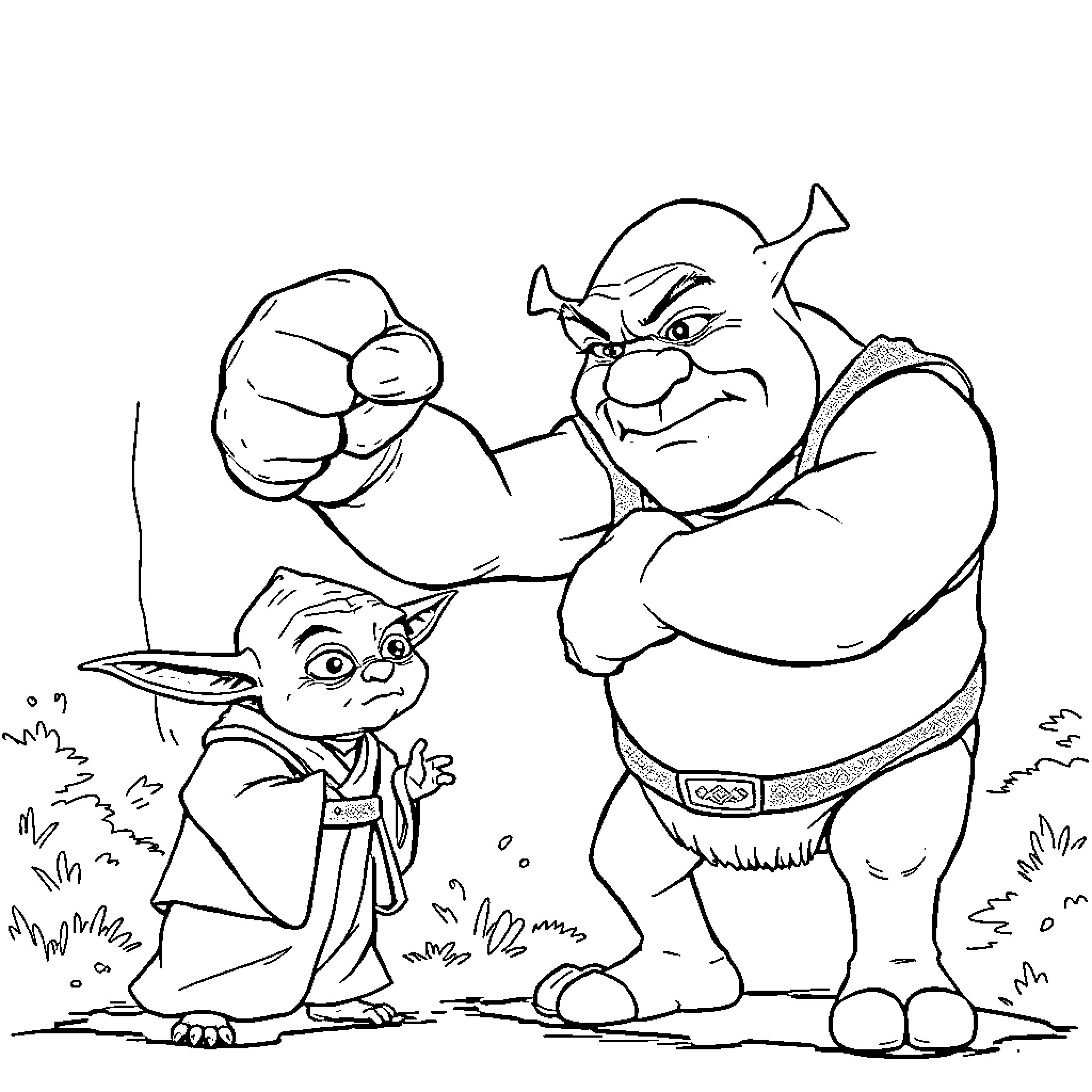 Shrek and Donkey in an Animated Confrontation Coloring Page (free black-and-white line drawing printable PDF for all, from beginners to advanced learners, including children, teens, adults, and seniors)